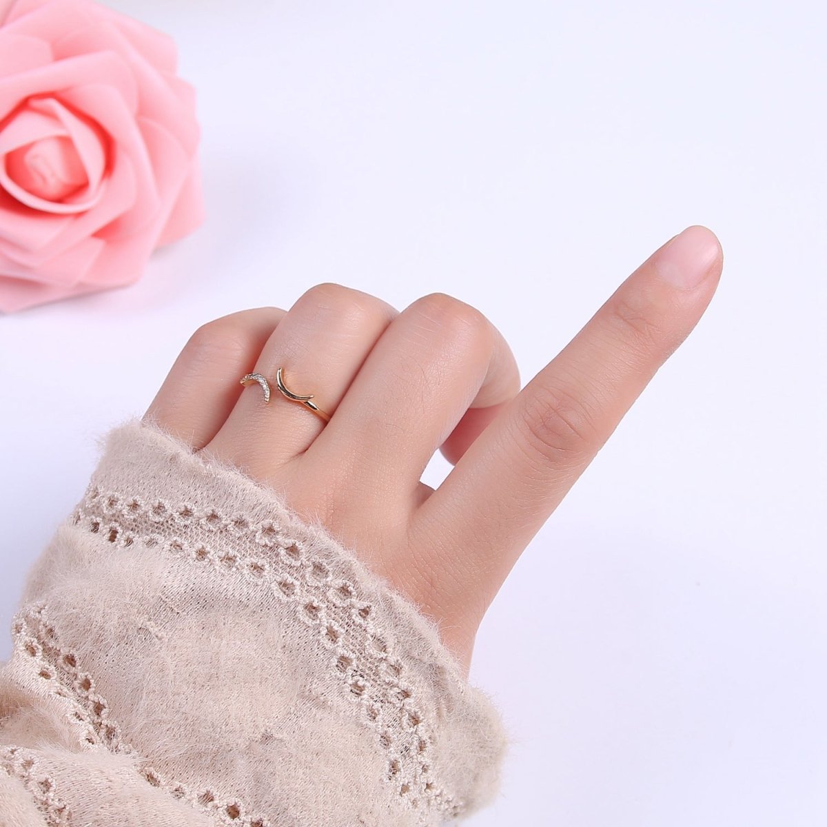 16K Gold Filled Double Crescent Moon Ring, Celestial Crystal Zirconia CZ Adjustable Open Ring | U-425 - DLUXCA