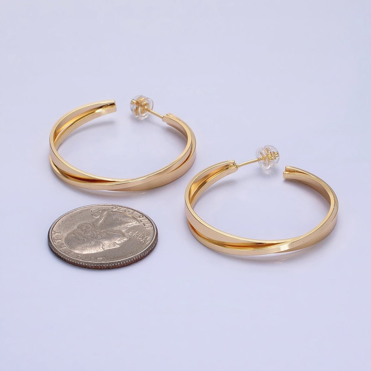 16K Gold Filled Double Flat Bar X C-Shaped Hoop Earrings in Gold & Silver | AD1155 AD1156