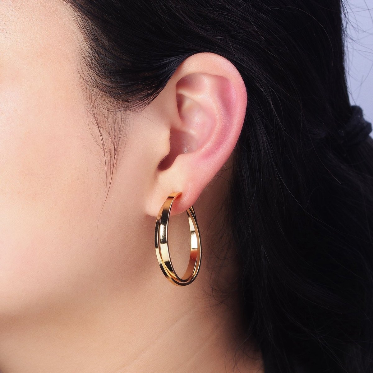 16K Gold Filled Double Flat Bar X C-Shaped Hoop Earrings in Gold & Silver | AD1155 AD1156