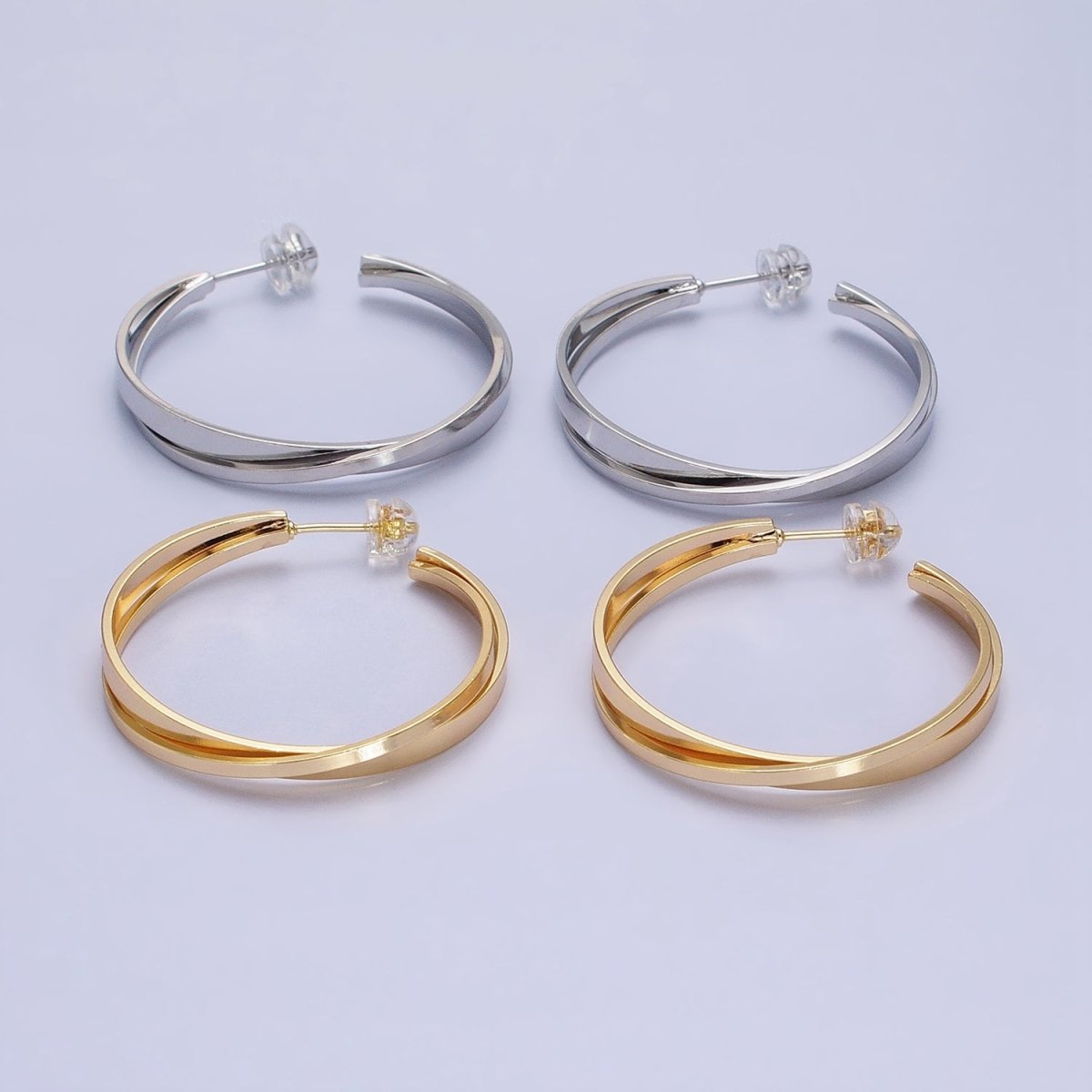 16K Gold Filled Double Flat Bar X C-Shaped Hoop Earrings in Gold & Silver | AD1155 AD1156
