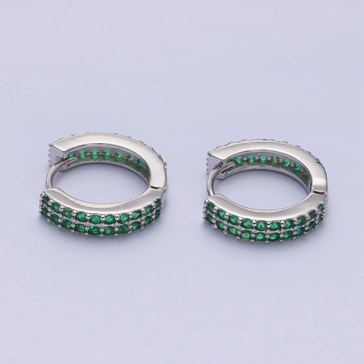 16K Gold Filled Double Green Micro Paved CZ 16mm Huggie Earrings in Gold & Silver | AB1453 AB1454