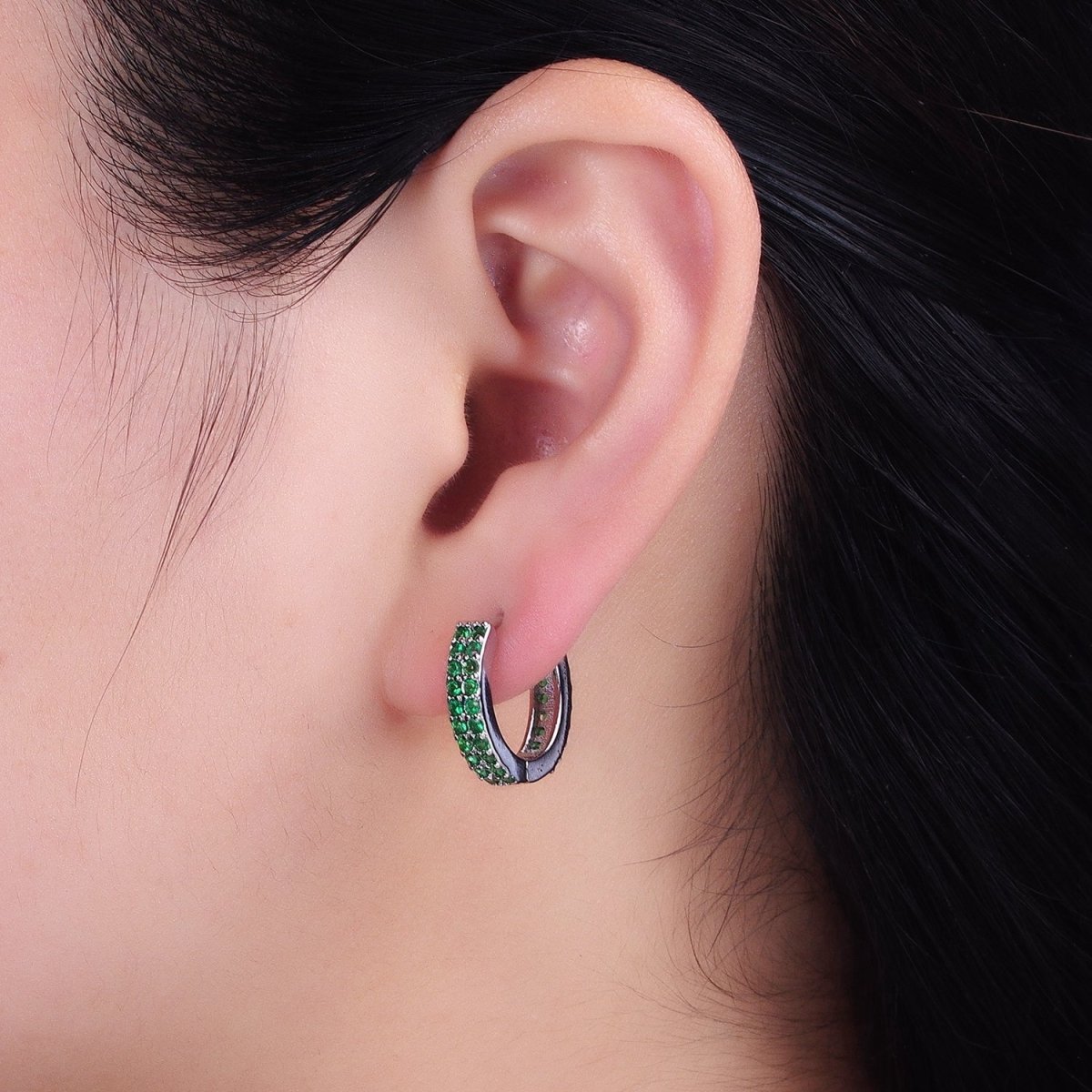 16K Gold Filled Double Green Micro Paved CZ 16mm Huggie Earrings in Gold & Silver | AB1453 AB1454