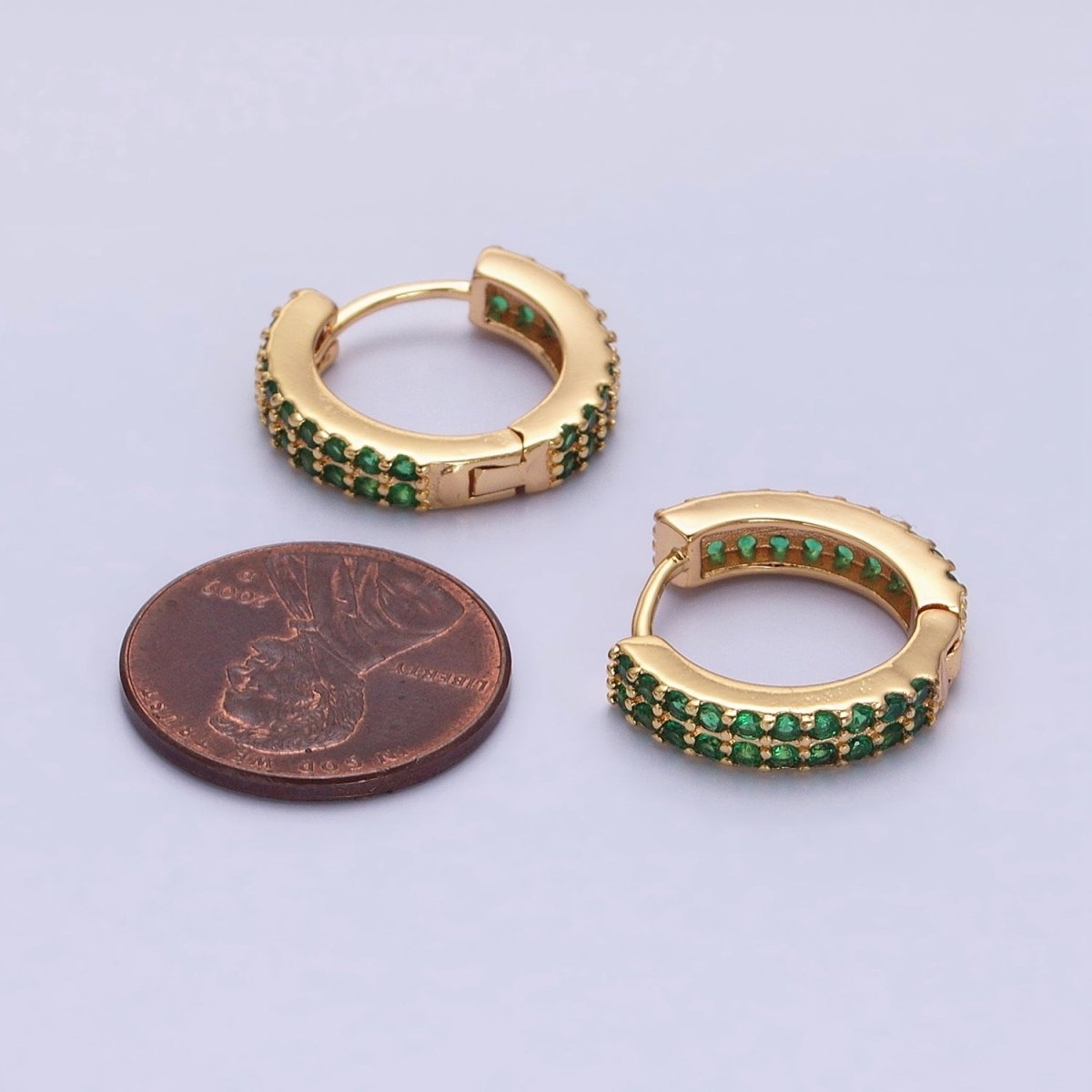 16K Gold Filled Double Green Micro Paved CZ 16mm Huggie Earrings in Gold & Silver | AB1453 AB1454