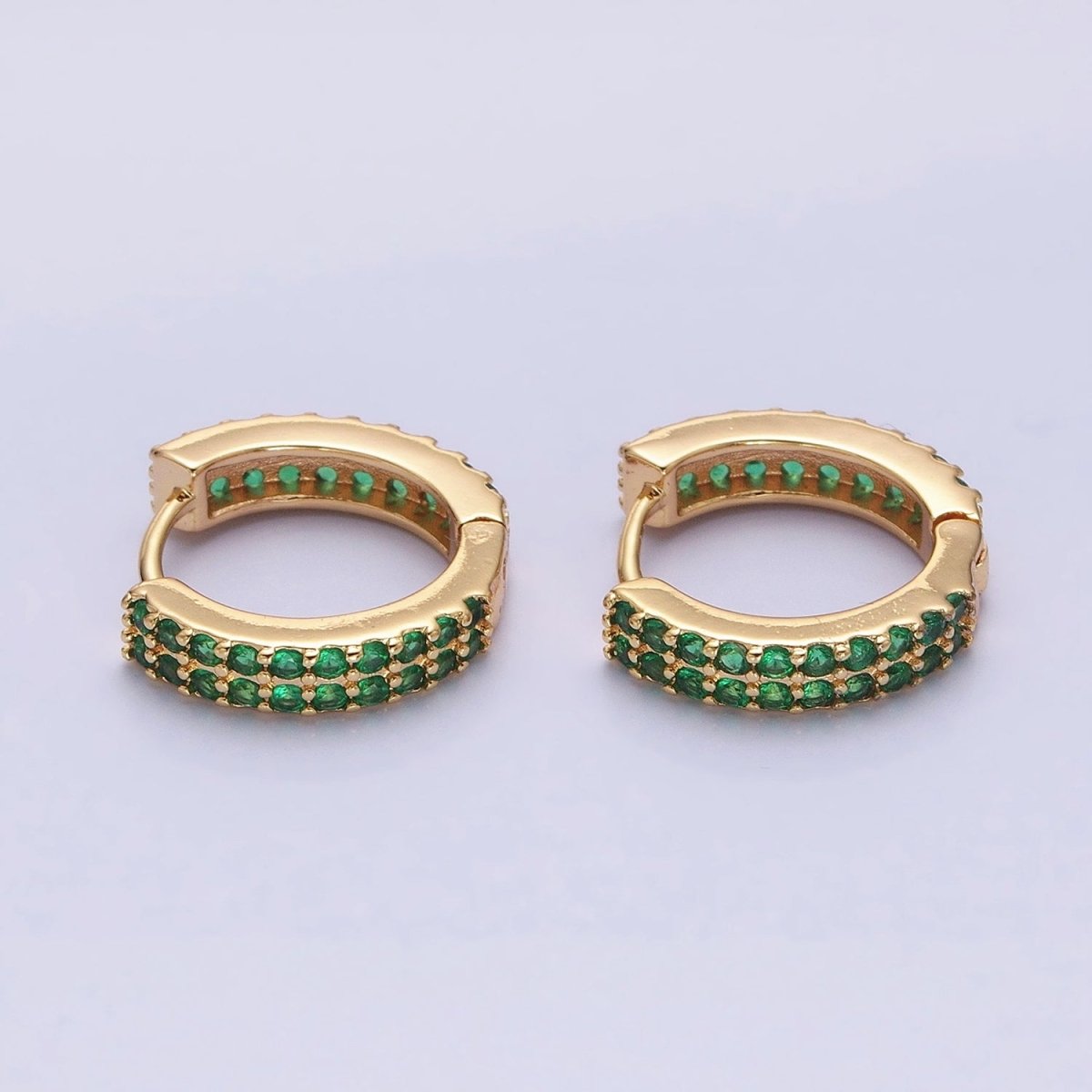 16K Gold Filled Double Green Micro Paved CZ 16mm Huggie Earrings in Gold & Silver | AB1453 AB1454