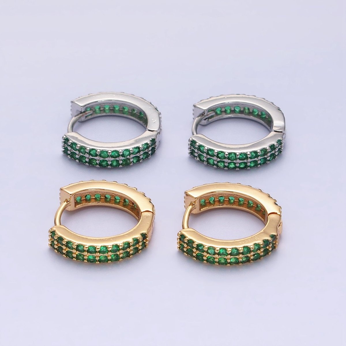 16K Gold Filled Double Green Micro Paved CZ 16mm Huggie Earrings in Gold & Silver | AB1453 AB1454