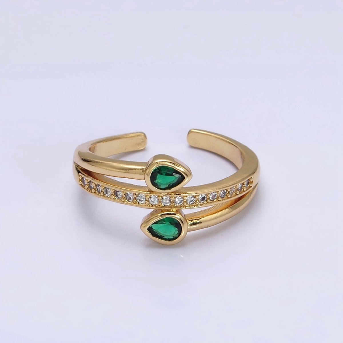 16K Gold Filled Double Green Teardrop Micro Paved CZ Adjustable Ring in Gold & Silver | O-1575 O-1576