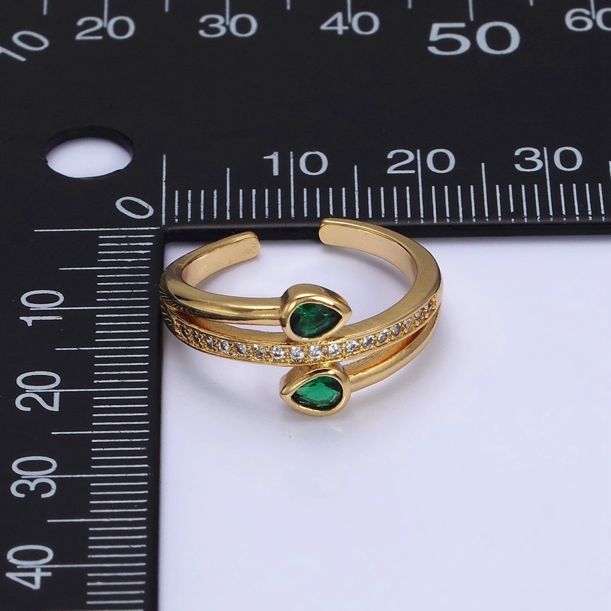 16K Gold Filled Double Green Teardrop Micro Paved CZ Adjustable Ring in Gold & Silver | O-1575 O-1576