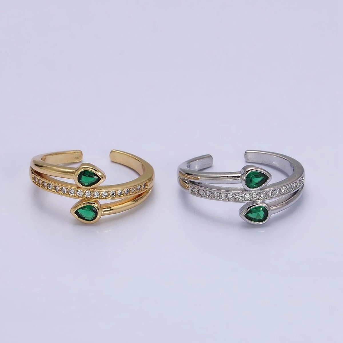 16K Gold Filled Double Green Teardrop Micro Paved CZ Adjustable Ring in Gold & Silver | O-1575 O-1576