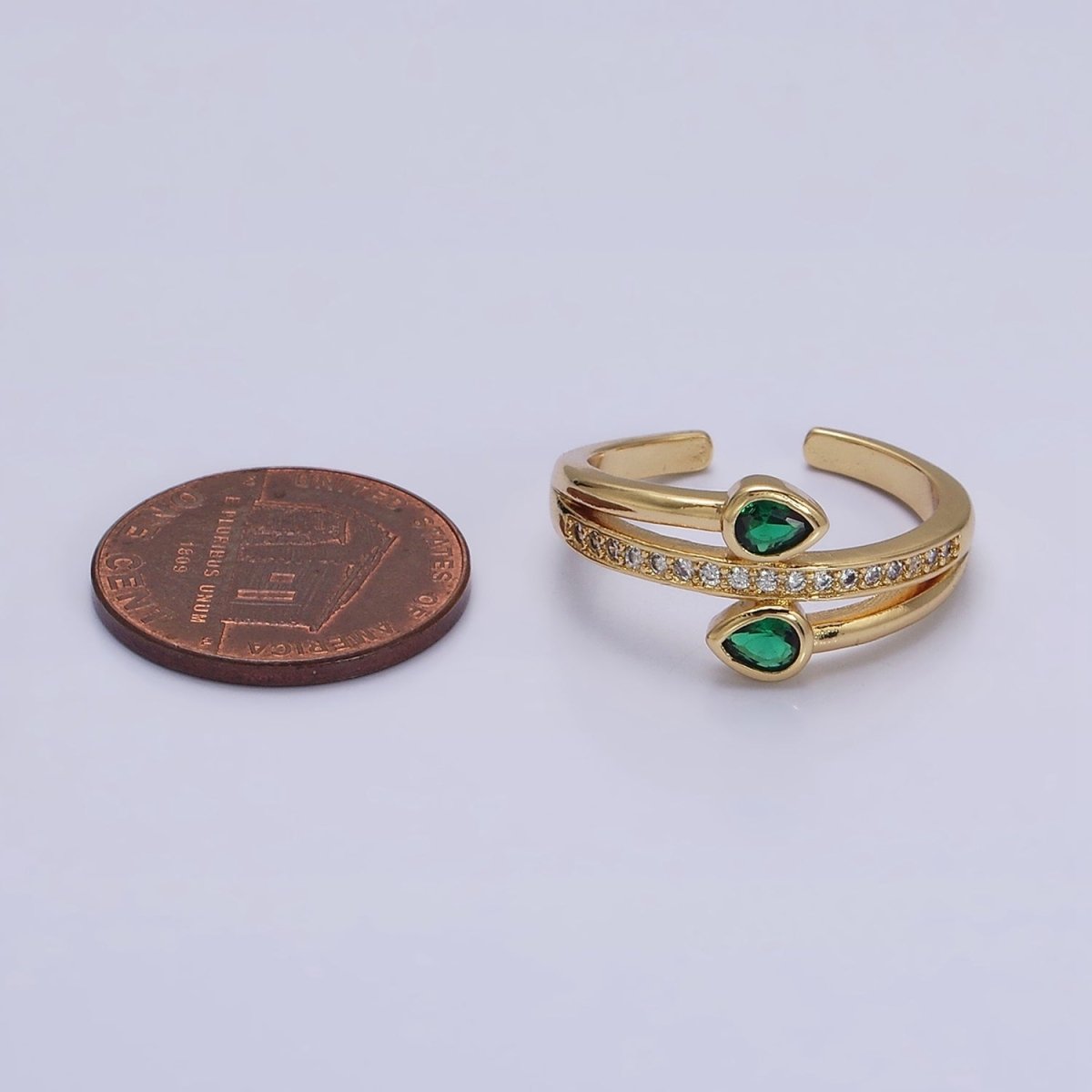 16K Gold Filled Double Green Teardrop Micro Paved CZ Adjustable Ring in Gold & Silver | O-1575 O-1576