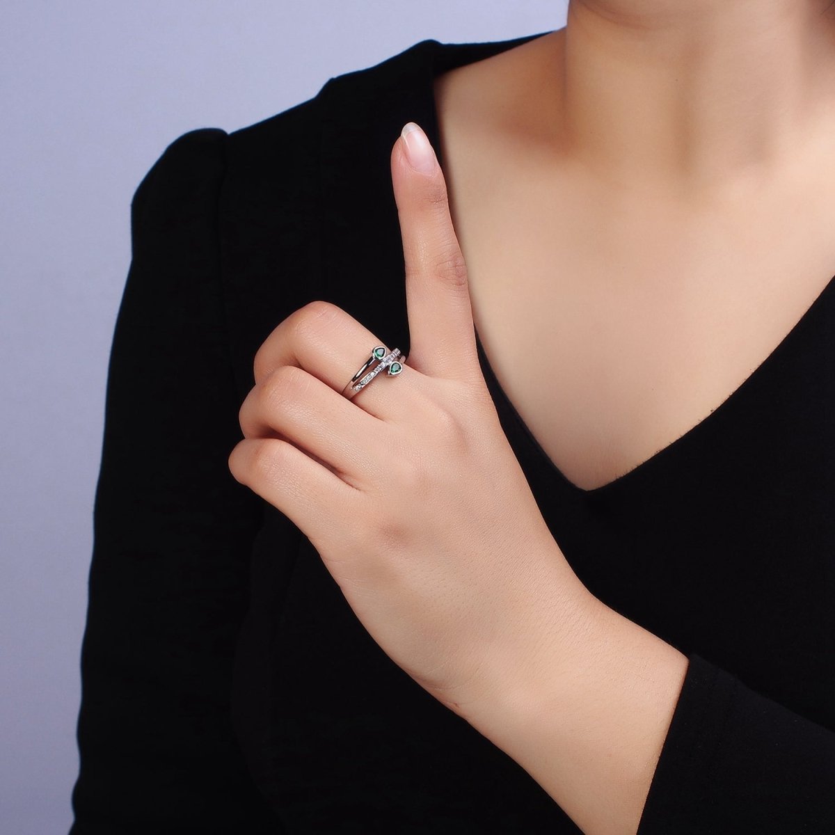 16K Gold Filled Double Green Teardrop Micro Paved CZ Adjustable Ring in Gold & Silver | O-1575 O-1576