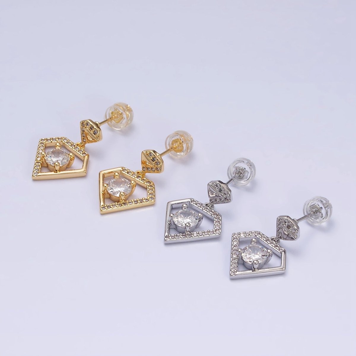 16K Gold Filled Double Micro Paved Diamond Round Clear CZ Drop Stud Earrings in Gold & Silver | AD1327 AD1328