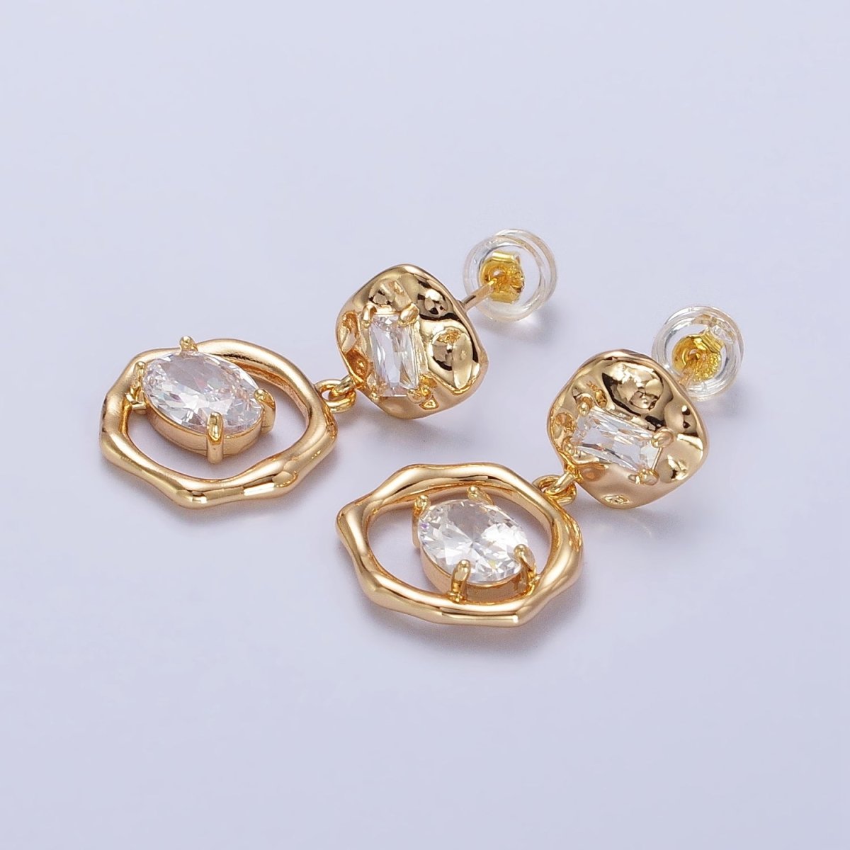 16K Gold Filled Double Round Hammered Clear Baguette Oval CZ Drop Dangle Earrings | AB390 - DLUXCA