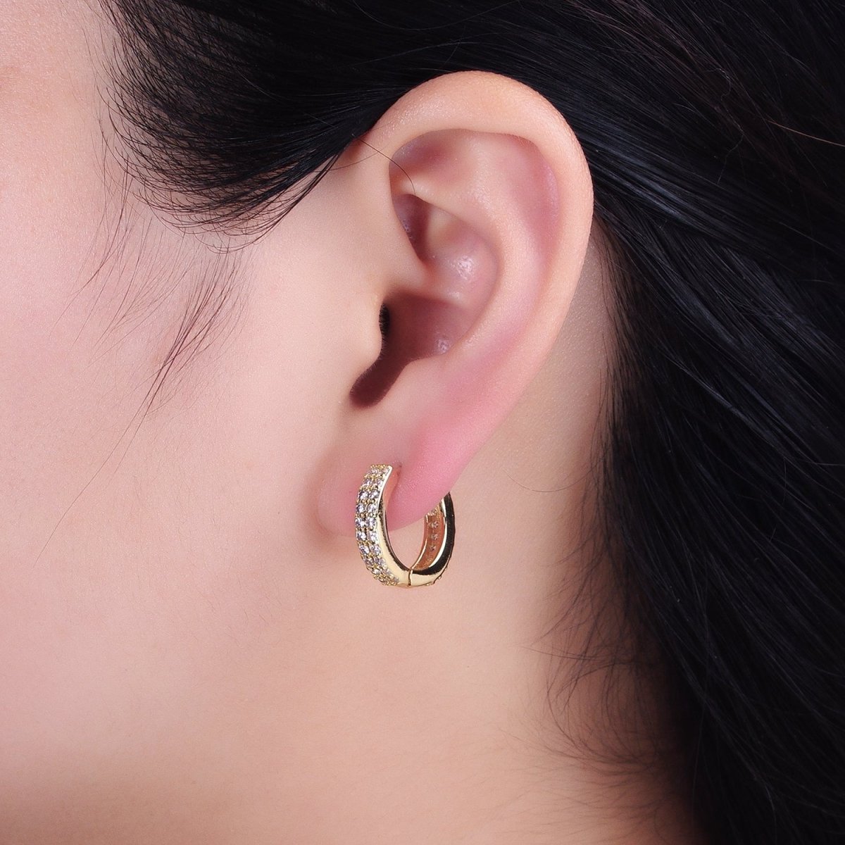 16K Gold Filled Double Sided Micro Paved CZ 16.5mm Huggie Hoop Earrings in Gold & Silver | AB953 AB1546