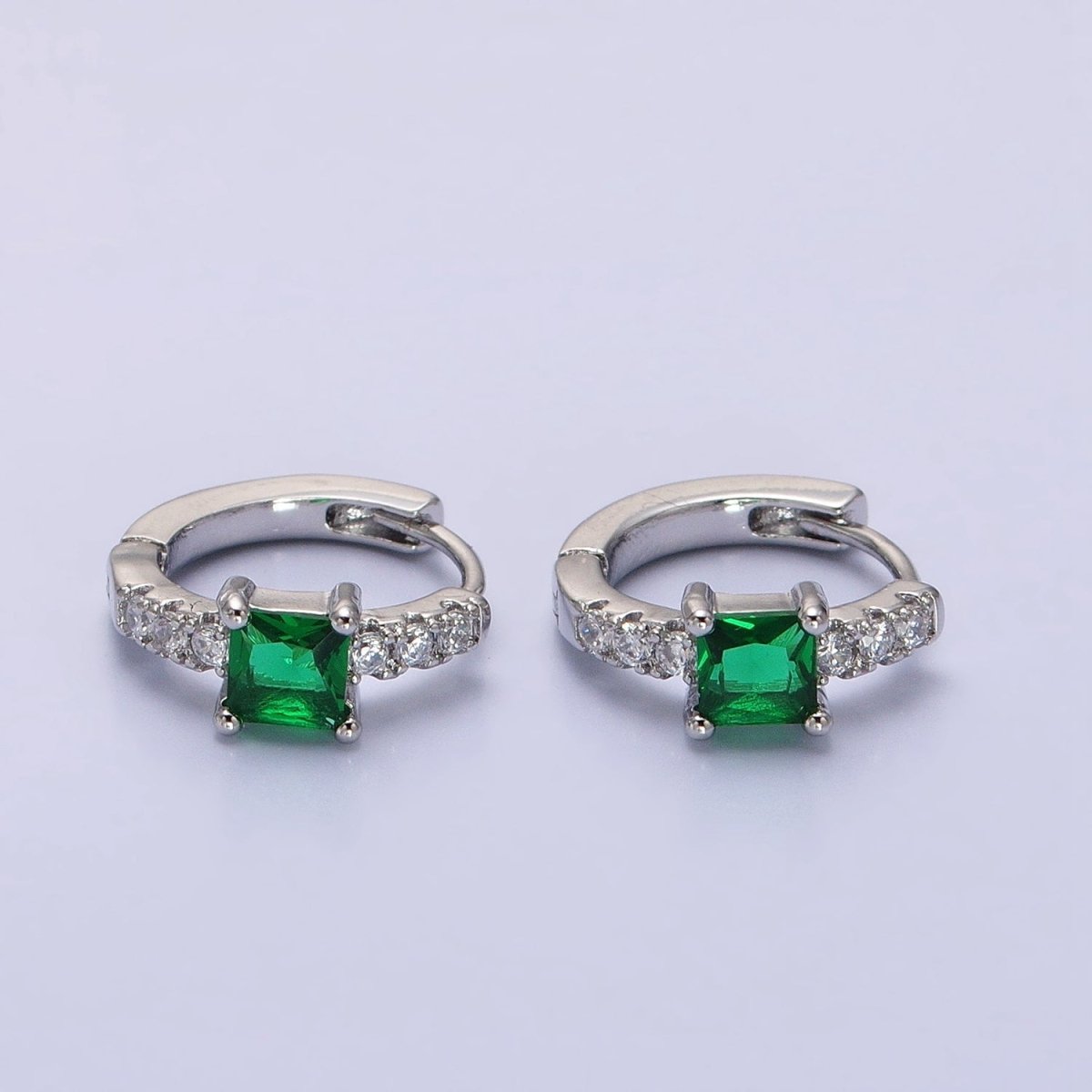16K Gold Filled Emerald Green Square CZ Micro Paved Cartilage Huggie Earrings in Gold & Silver | AB815 AB657