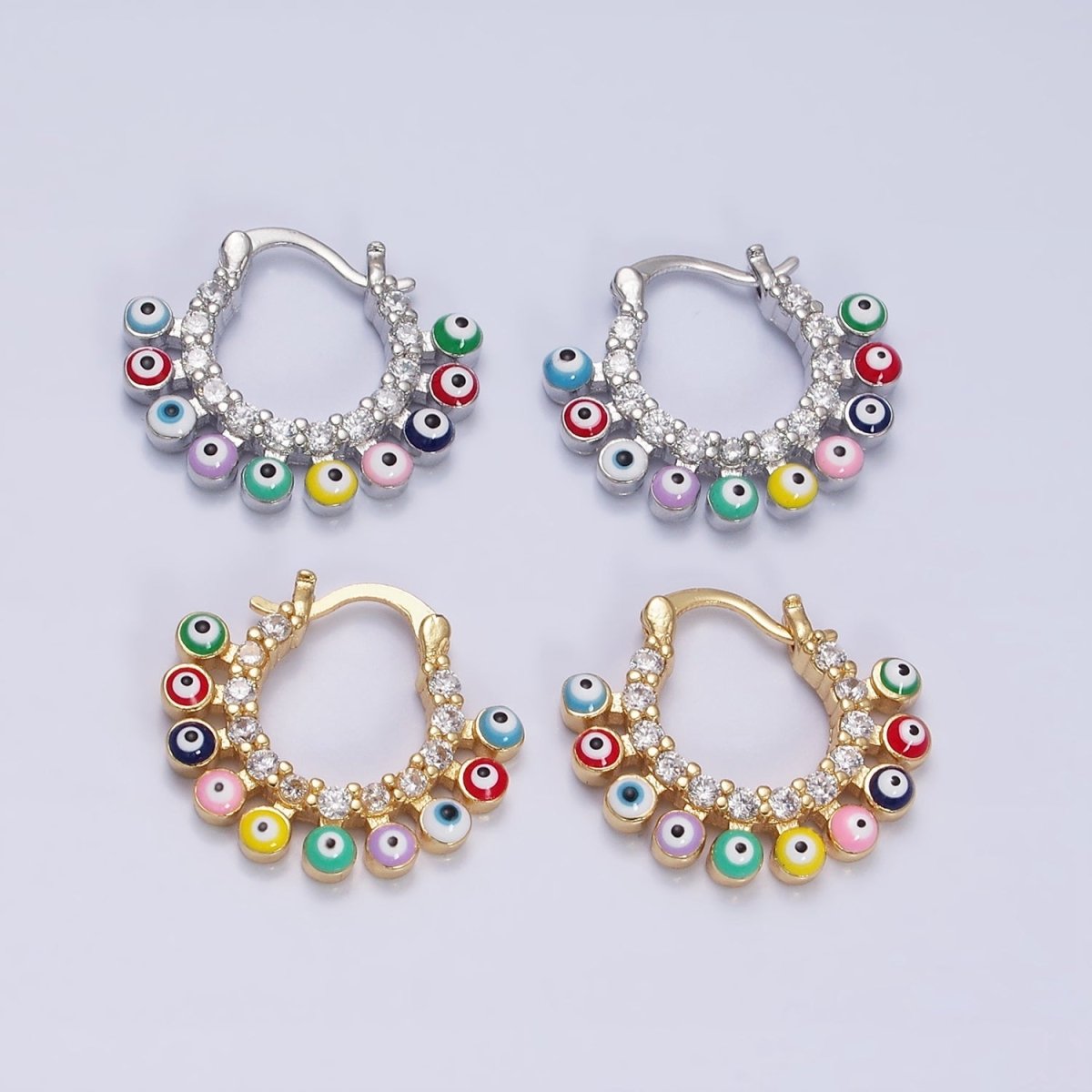16K Gold Filled Evil Eye Enamel Micro Paved CZ Lined French Hook Latch Earrings in Gold & Silver | AD1165 AD1666