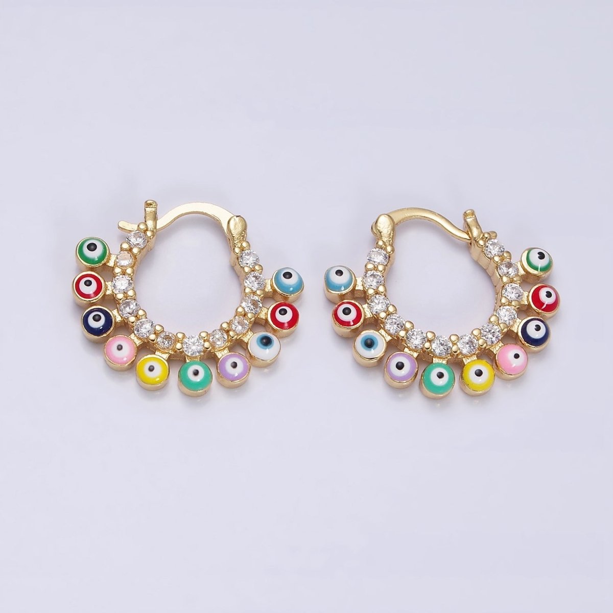 16K Gold Filled Evil Eye Enamel Micro Paved CZ Lined French Hook Latch Earrings in Gold & Silver | AD1165 AD1666