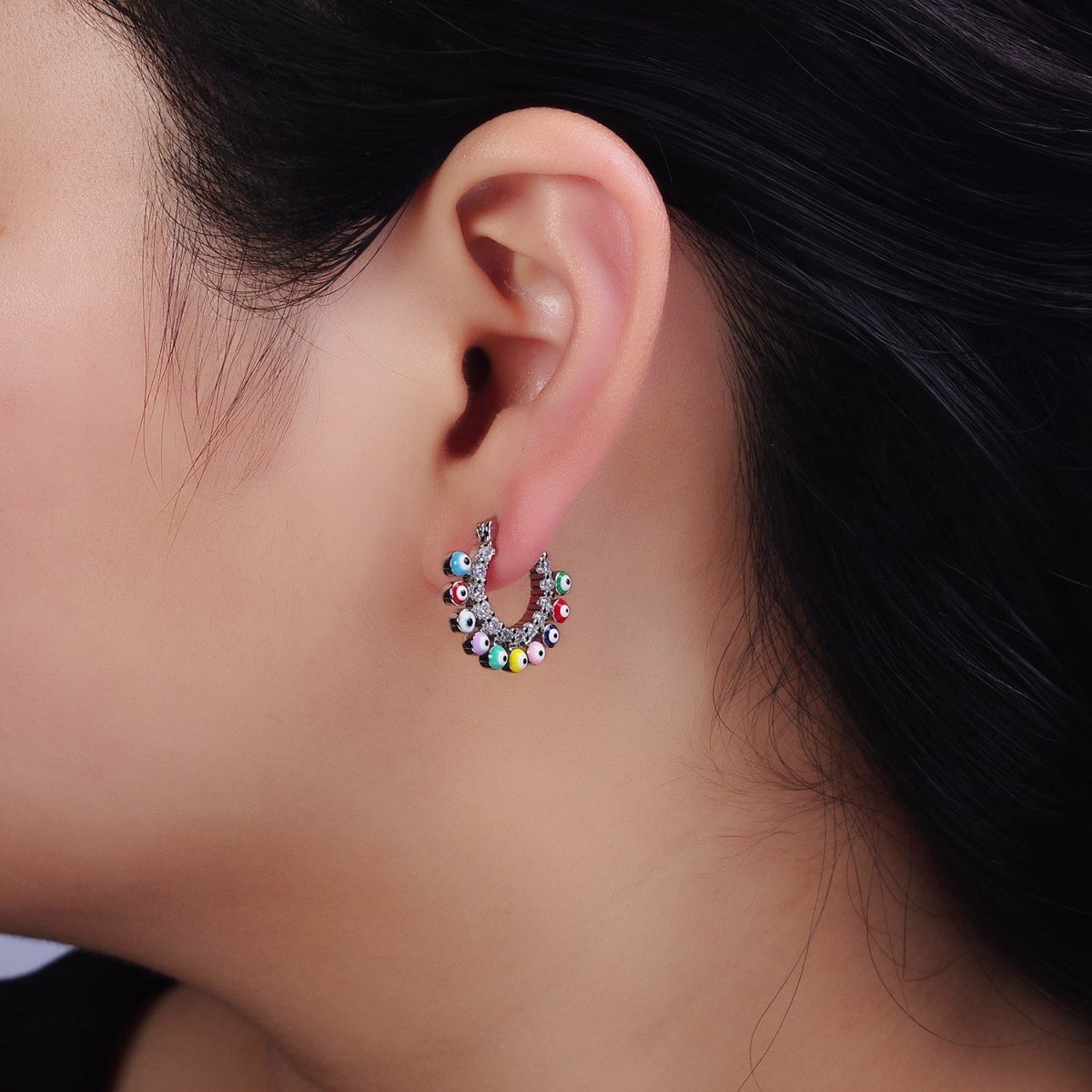 16K Gold Filled Evil Eye Enamel Micro Paved CZ Lined French Hook Latch Earrings in Gold & Silver | AD1165 AD1666