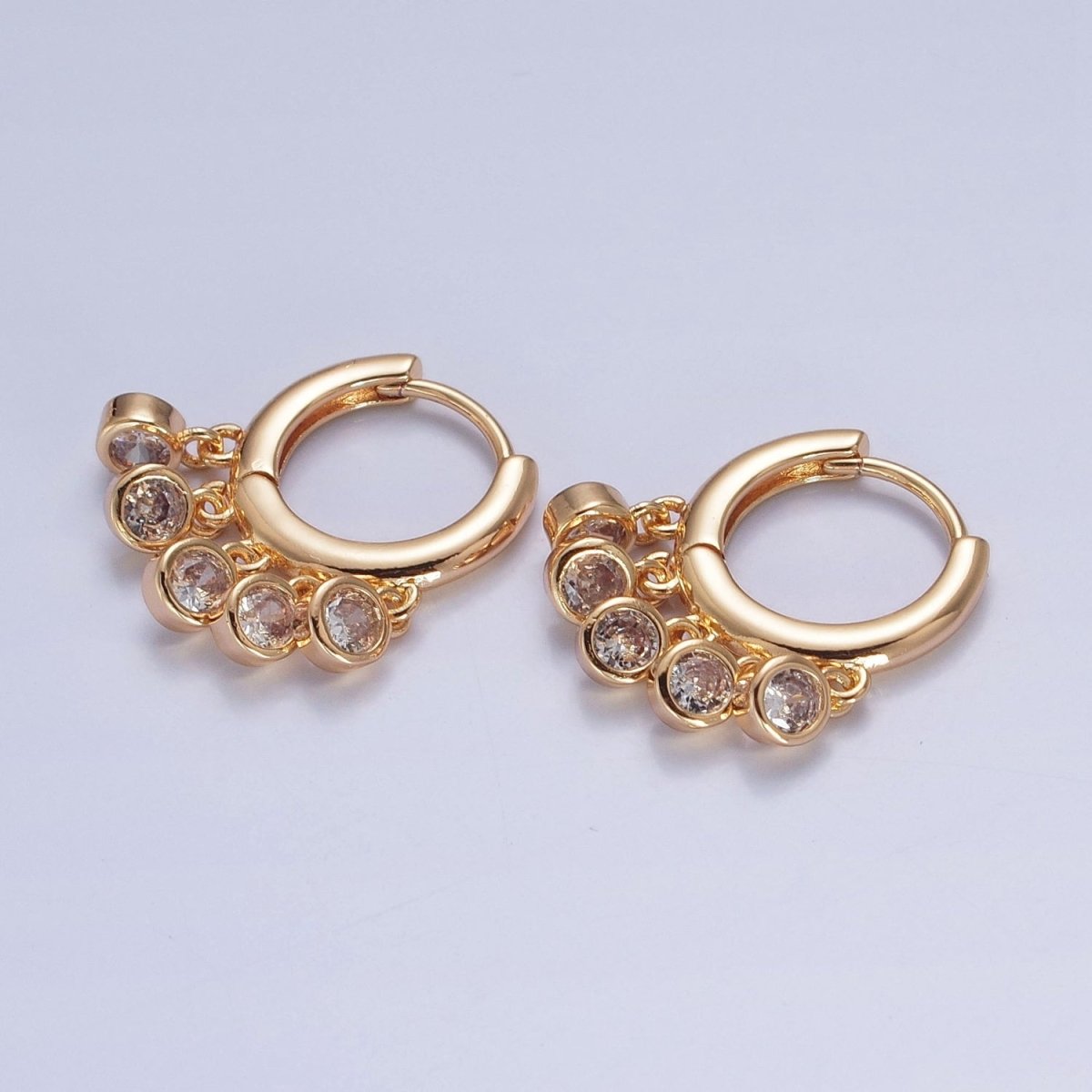 16K Gold Filled Five Round Cubic Zirconia CZ Charm Dangle Huggie Hoop Earrings