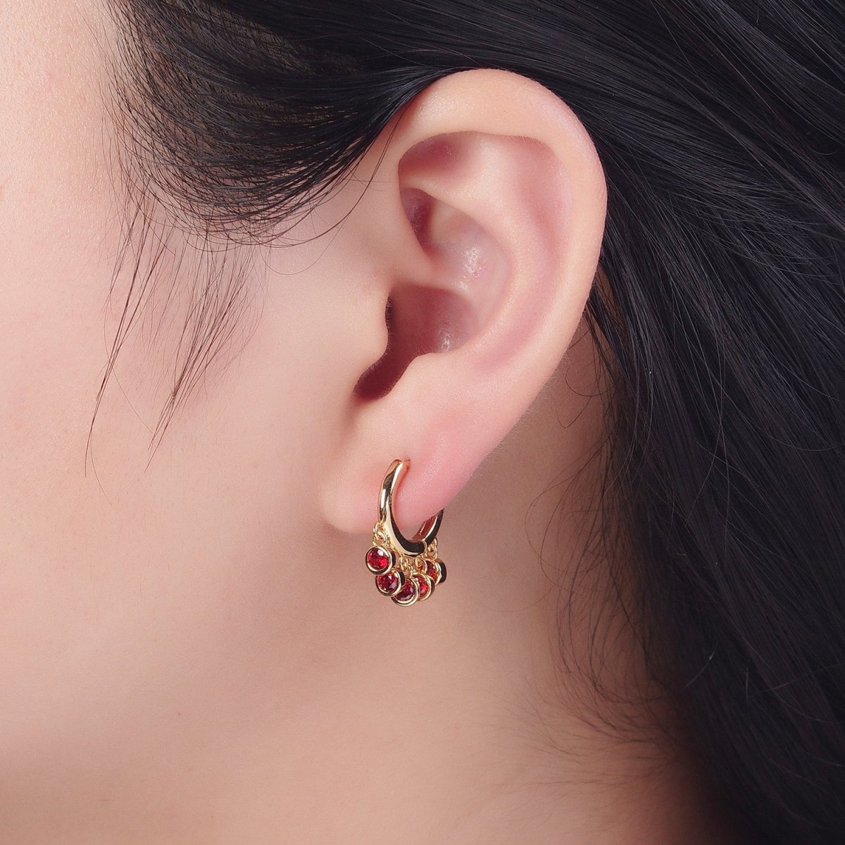 16K Gold Filled Five Round Cubic Zirconia CZ Charm Dangle Huggie Hoop Earrings