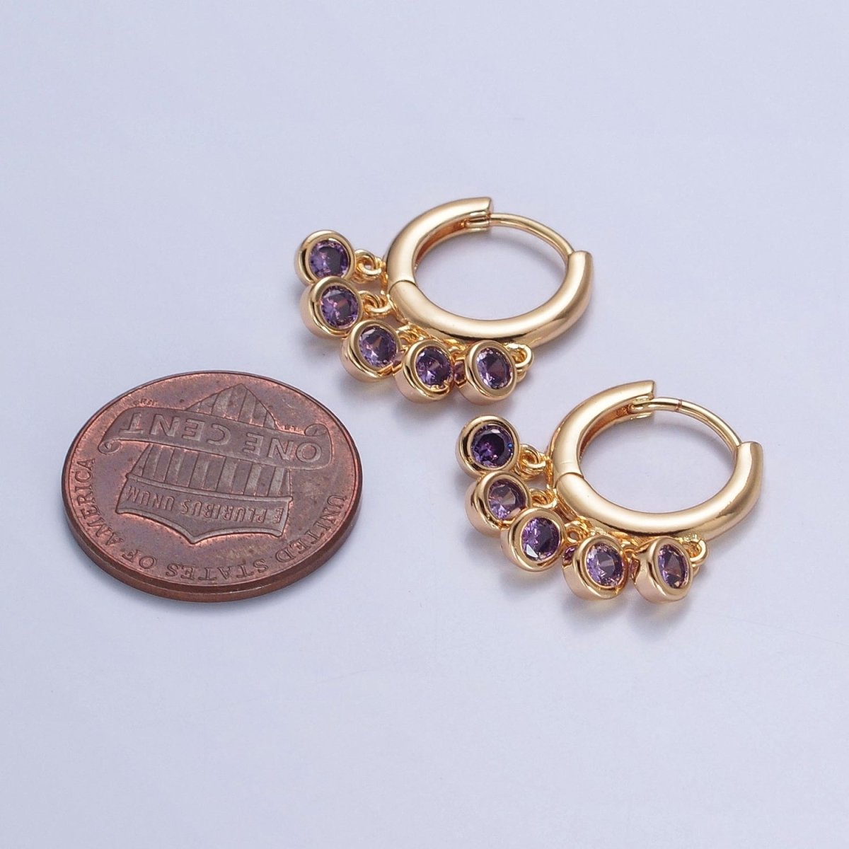 16K Gold Filled Five Round Cubic Zirconia CZ Charm Dangle Huggie Hoop Earrings