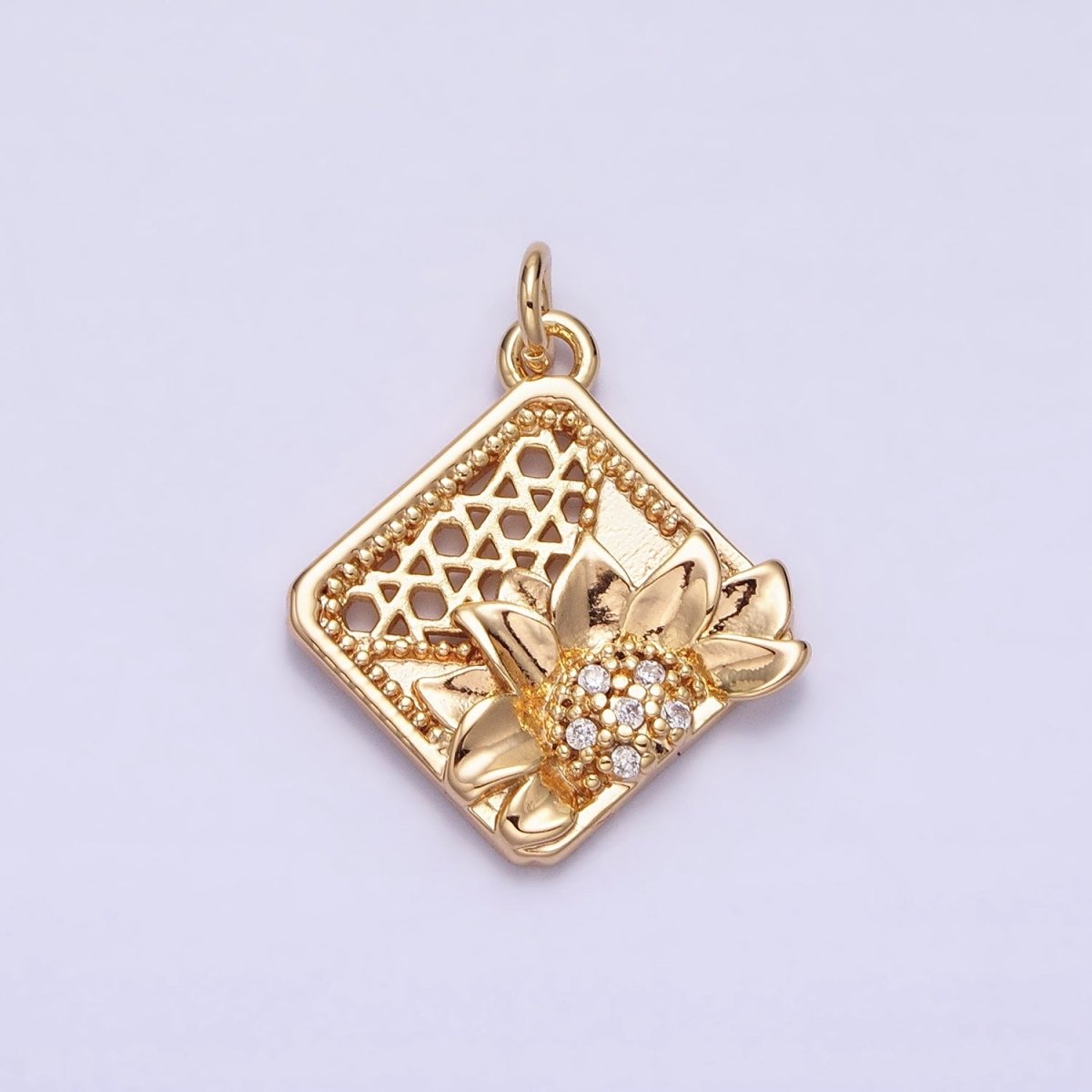 16K Gold Filled Flower Micro Paved CZ Filigree Rhombus Add-On Charm in Gold & Silver | AC1245 AC1246