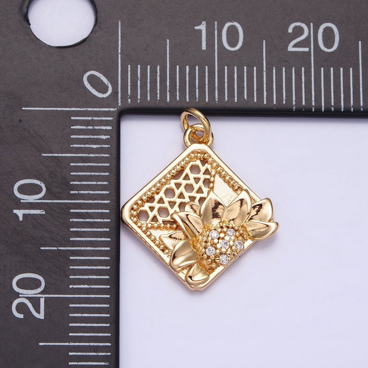 16K Gold Filled Flower Micro Paved CZ Filigree Rhombus Add-On Charm in Gold & Silver | AC1245 AC1246