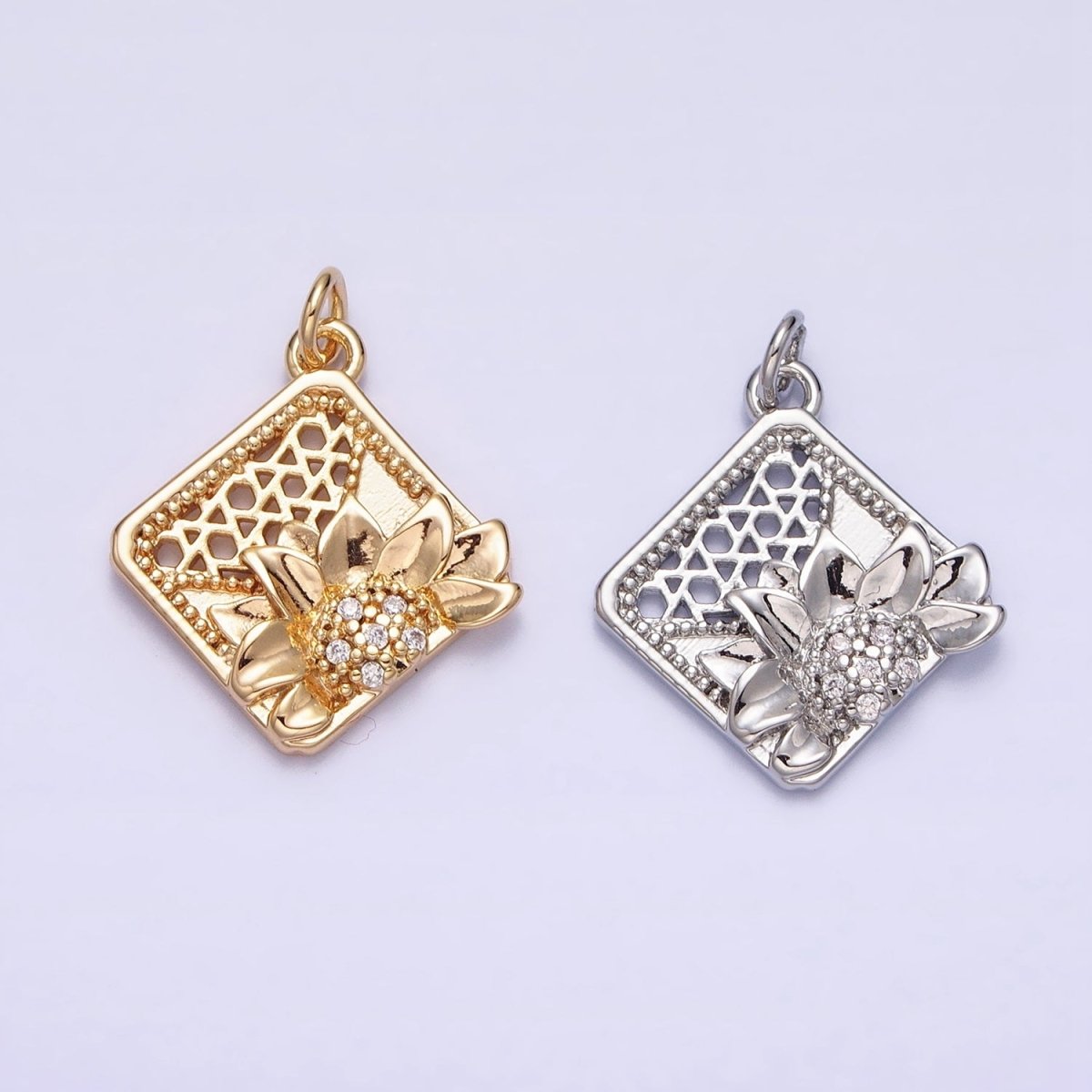 16K Gold Filled Flower Micro Paved CZ Filigree Rhombus Add-On Charm in Gold & Silver | AC1245 AC1246