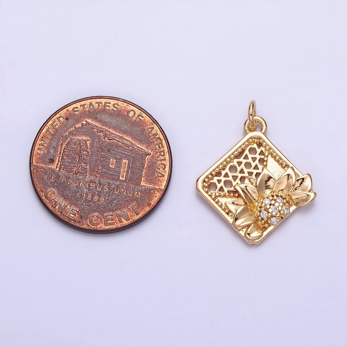 16K Gold Filled Flower Micro Paved CZ Filigree Rhombus Add-On Charm in Gold & Silver | AC1245 AC1246