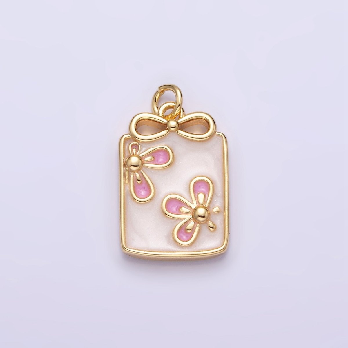 16K Gold Filled Flower White, Blue, Pink Sparkly Enamel Ribbon Bow Rectangular Charm in Gold & Silver | AC1344 - AC1349