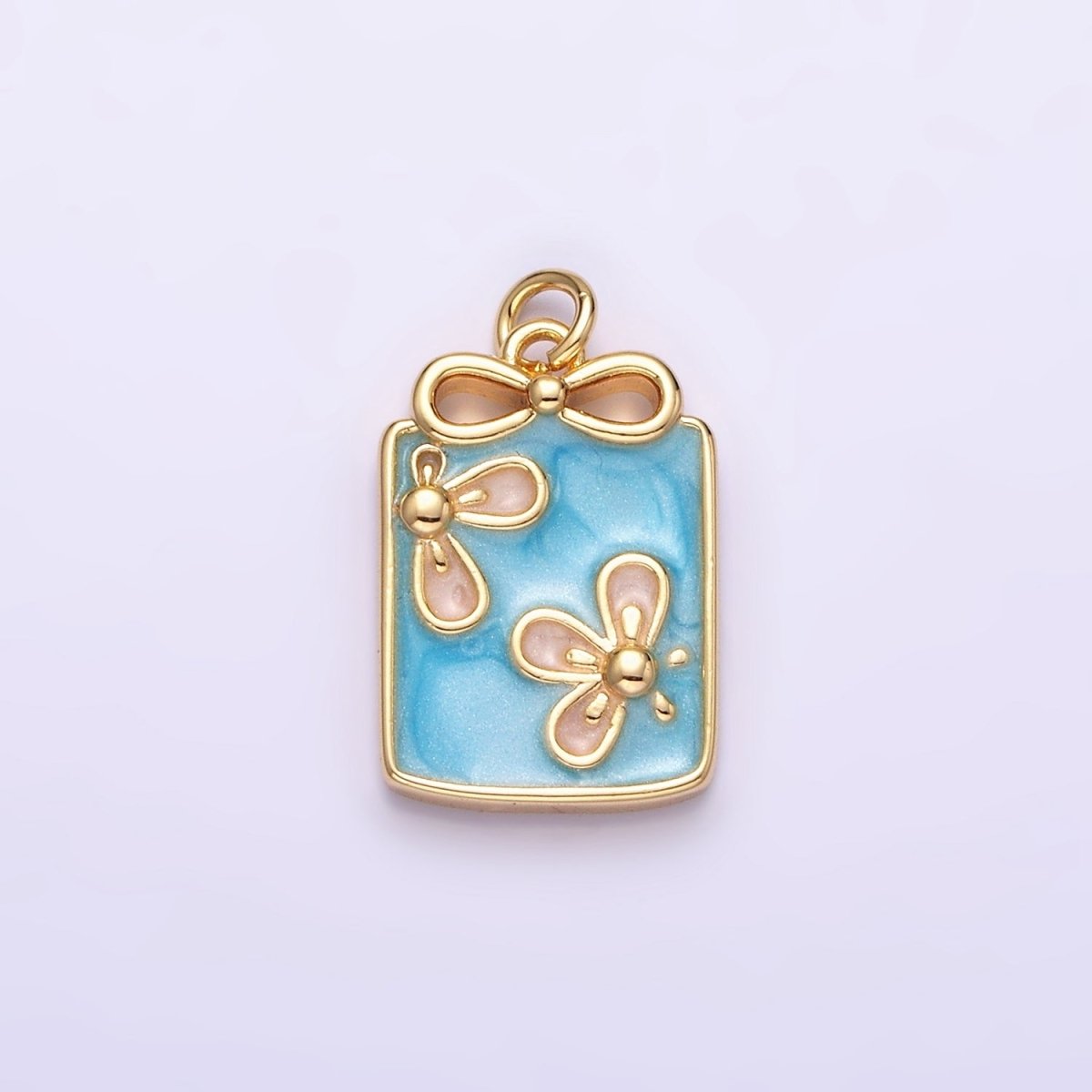 16K Gold Filled Flower White, Blue, Pink Sparkly Enamel Ribbon Bow Rectangular Charm in Gold & Silver | AC1344 - AC1349