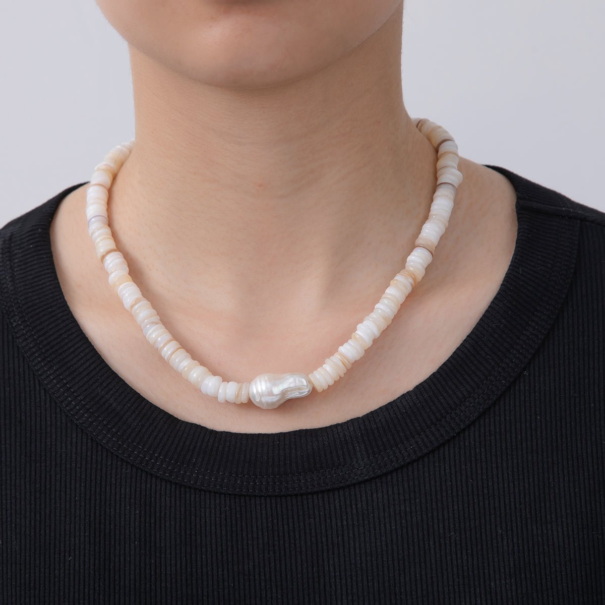 16K Gold Filled Freshwater Pearl Heishi Shell Rhondelle Gemstone 16.5 Inch Handmade Necklace | WA - 1260 - DLUXCA