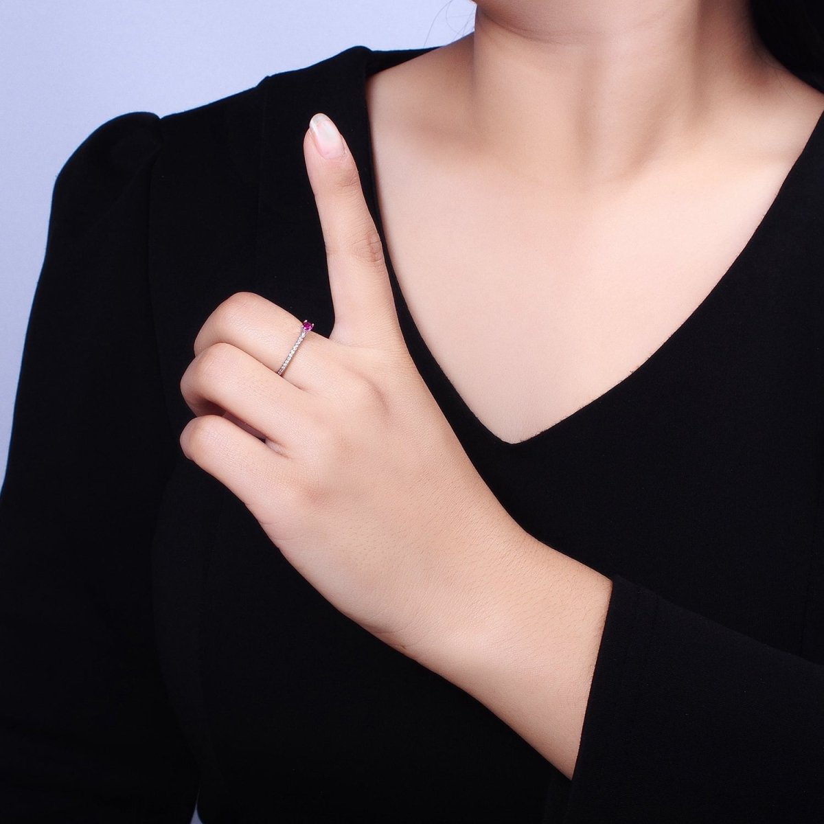 16K Gold Filled Fuchsia CZ Solitaire Micro Paved Adjustable Ring in Gold & Silver | O-1928 O-1929