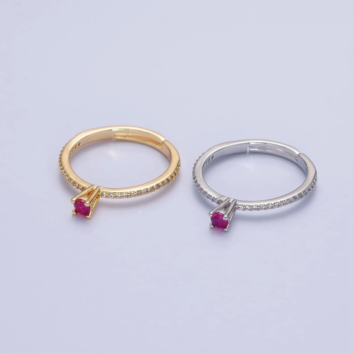 16K Gold Filled Fuchsia CZ Solitaire Micro Paved Adjustable Ring in Gold & Silver | O-1928 O-1929