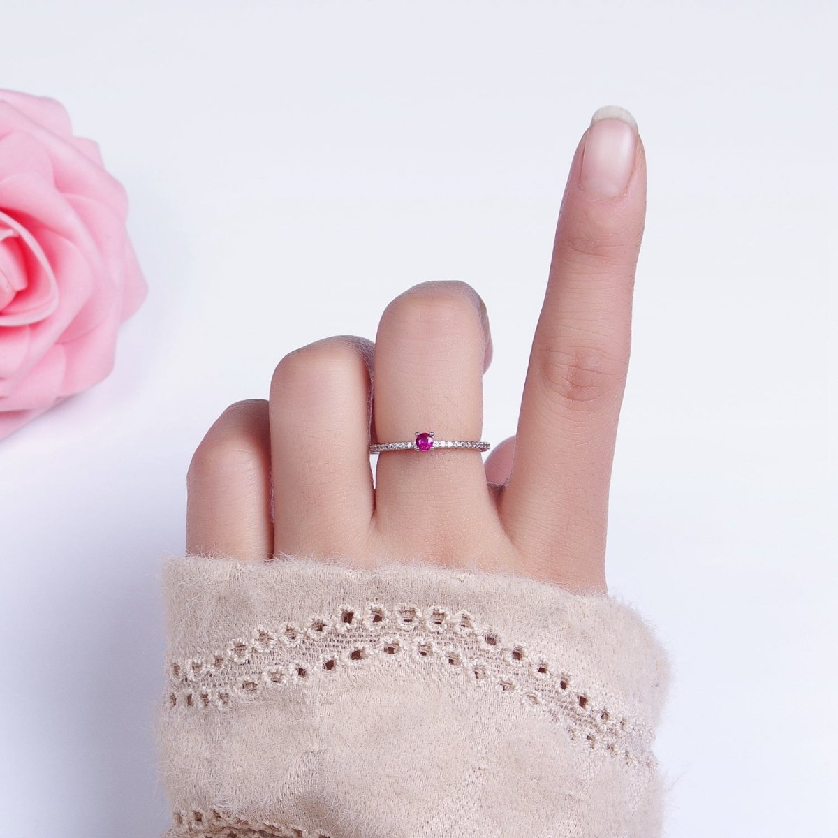 16K Gold Filled Fuchsia CZ Solitaire Micro Paved Adjustable Ring in Gold & Silver | O-1928 O-1929