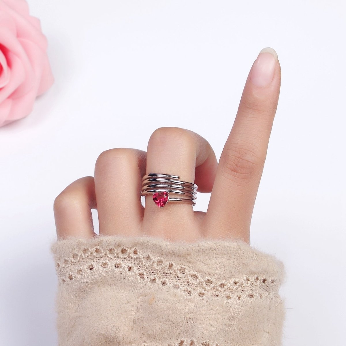 16K Gold Filled Fuchsia Heart Multiple Band Statement Ring in Gold & Silver | O-1607 O-1608