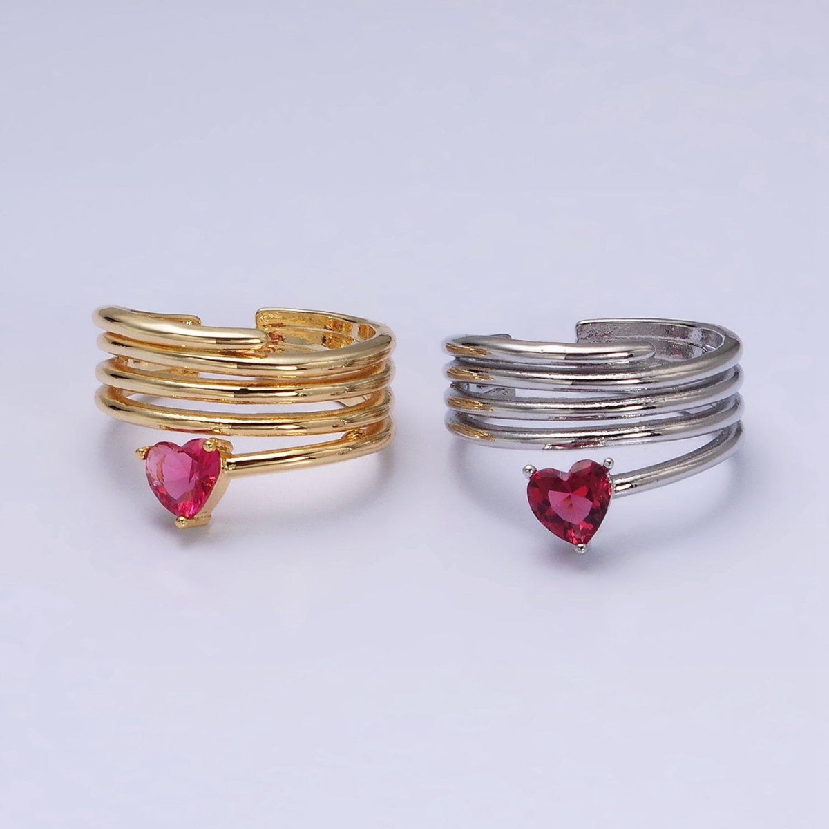 16K Gold Filled Fuchsia Heart Multiple Band Statement Ring in Gold & Silver | O-1607 O-1608