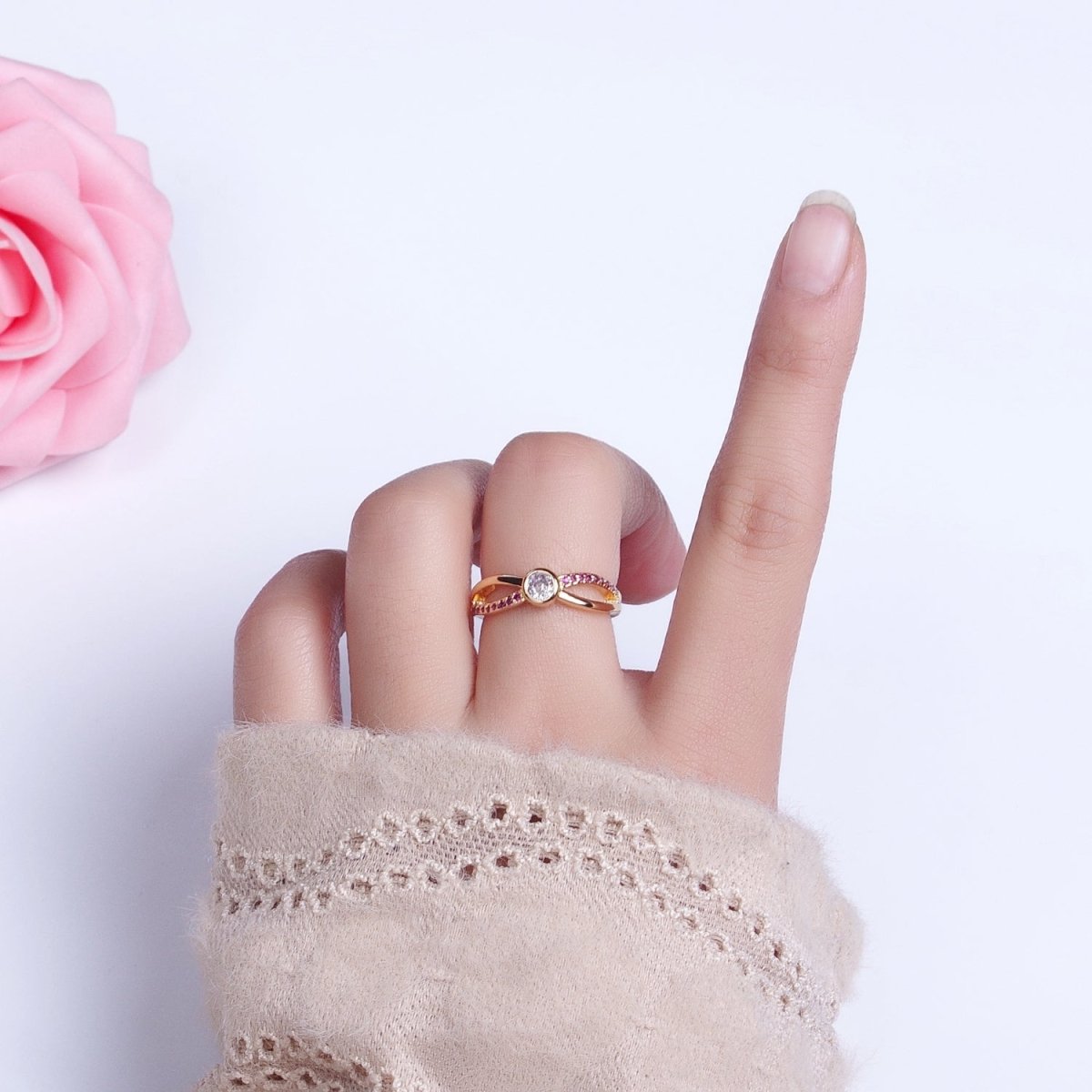 16K Gold Filled Fuchsia Micro Paved Infinity Geometric CZ Adjustable Ring in Gold & Silver | O-1912 O-1913