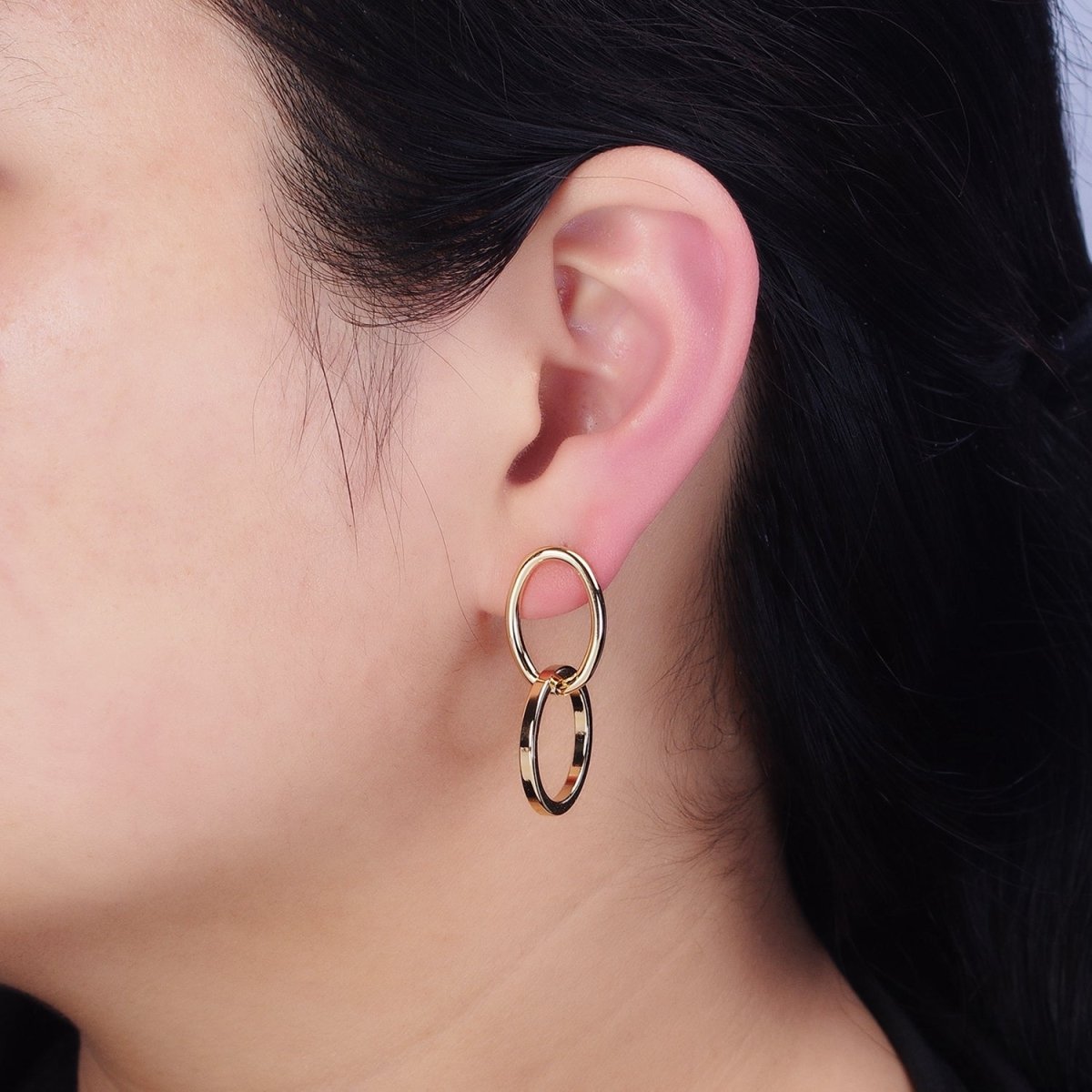 16K Gold Filled Geometric Open Oval Round Double Drop Stud Earrings in Gold & Silver | AD1141 AD1142