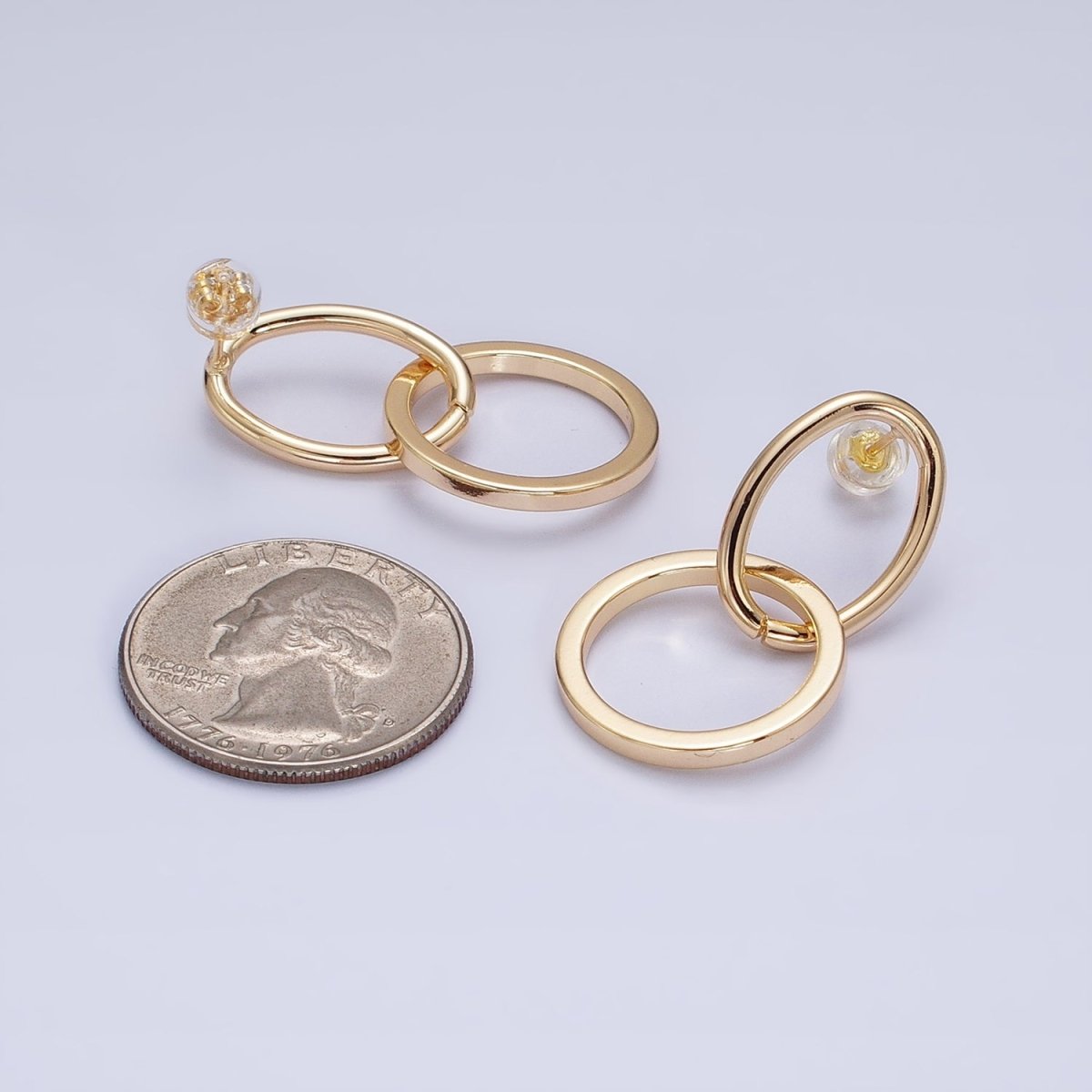 16K Gold Filled Geometric Open Oval Round Double Drop Stud Earrings in Gold & Silver | AD1141 AD1142