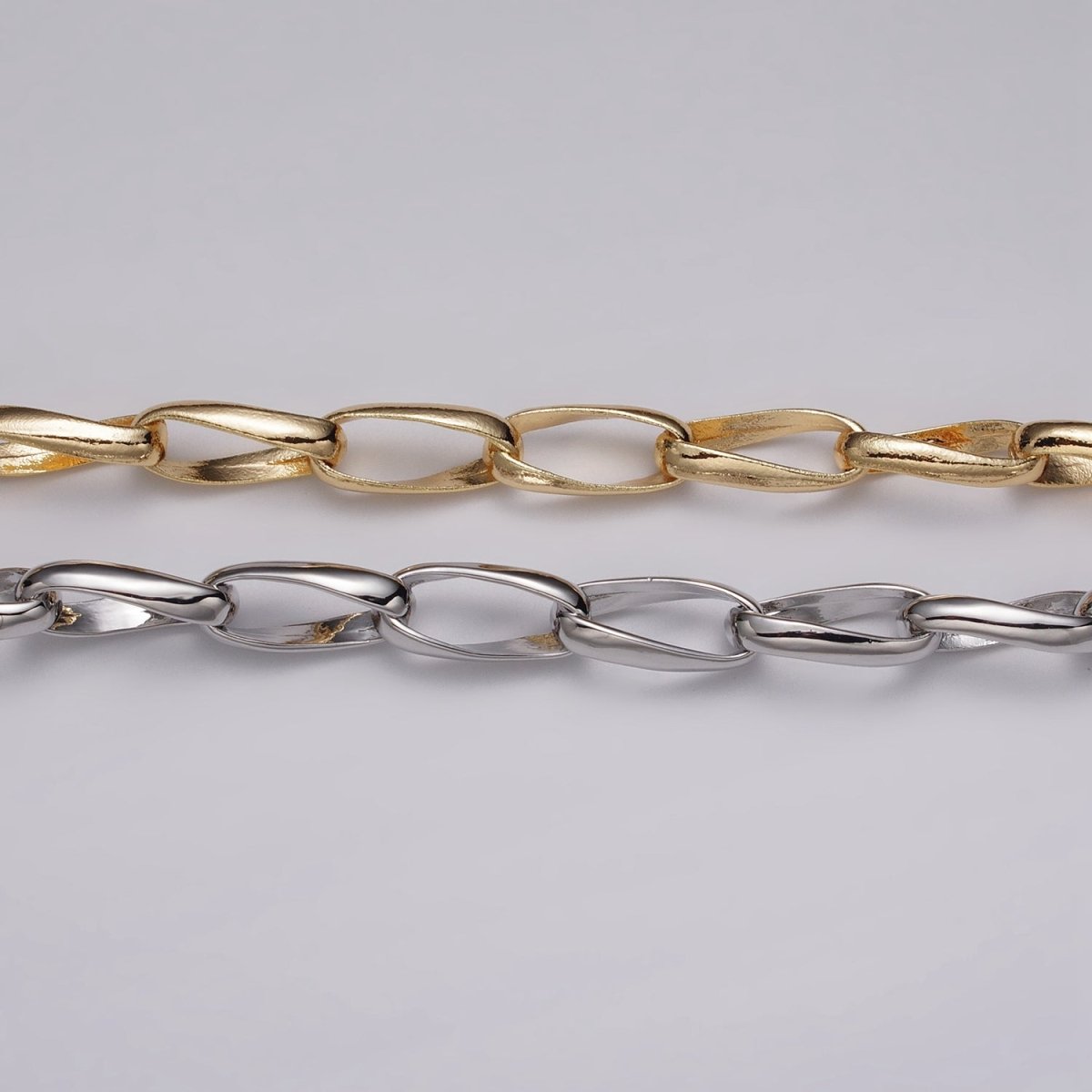 16k Gold Filled Geometric Twist Curved PaperClip Unfinished Chain by Yard in Gold & Silver | ROLL-1169 ROLL-1170 Clearance Pricing