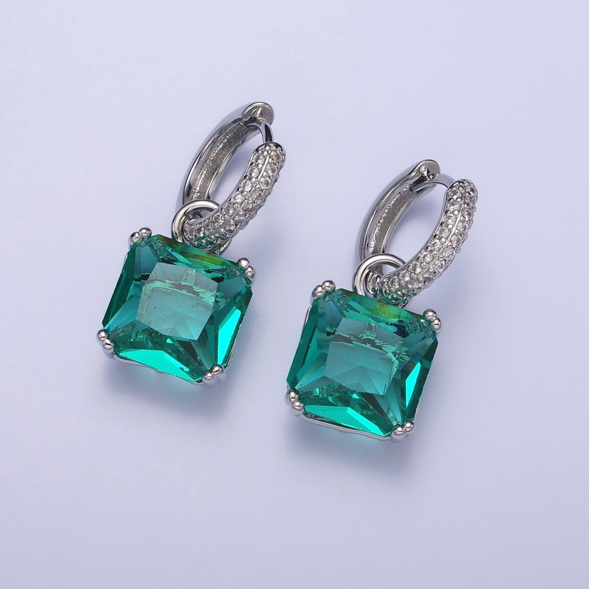 16K Gold Filled Green Aqua Square CZ Drop Micro Paved Huggie Earrings | AD1357  AD1358