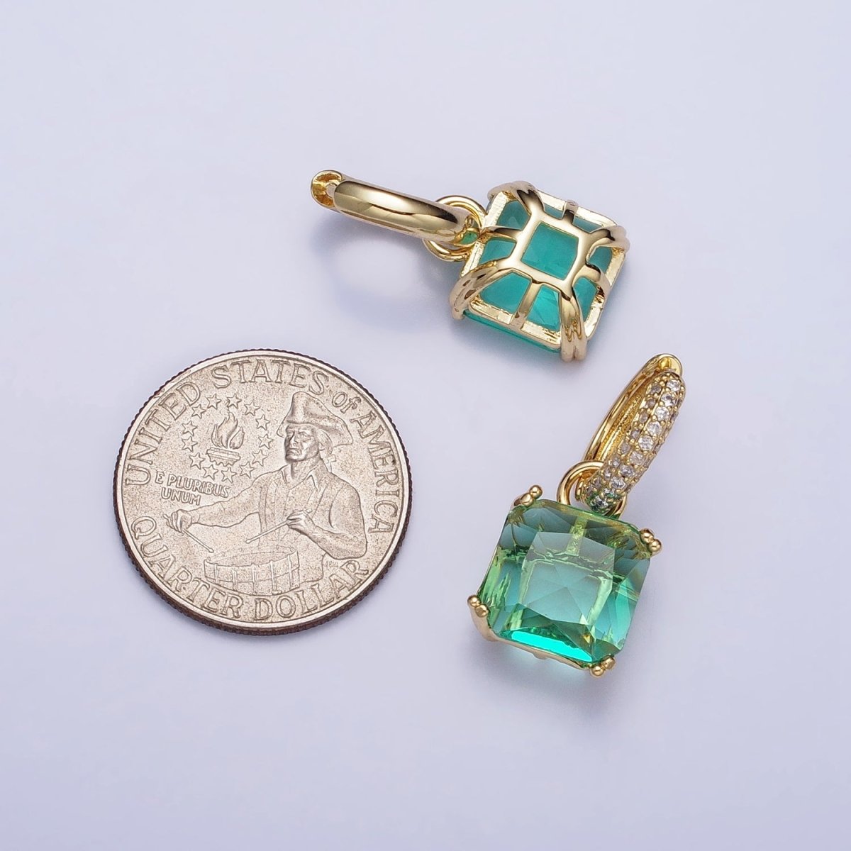 16K Gold Filled Green Aqua Square CZ Drop Micro Paved Huggie Earrings | AD1357  AD1358