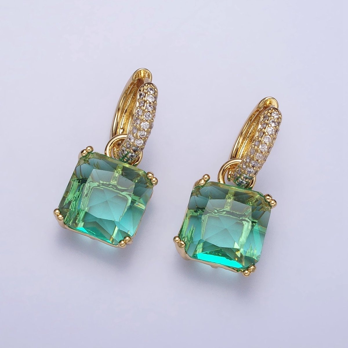 16K Gold Filled Green Aqua Square CZ Drop Micro Paved Huggie Earrings | AD1357  AD1358
