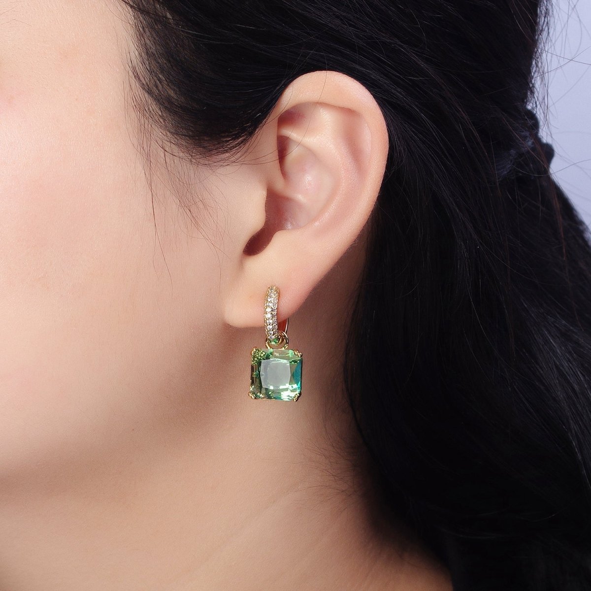 16K Gold Filled Green Aqua Square CZ Drop Micro Paved Huggie Earrings | AD1357  AD1358