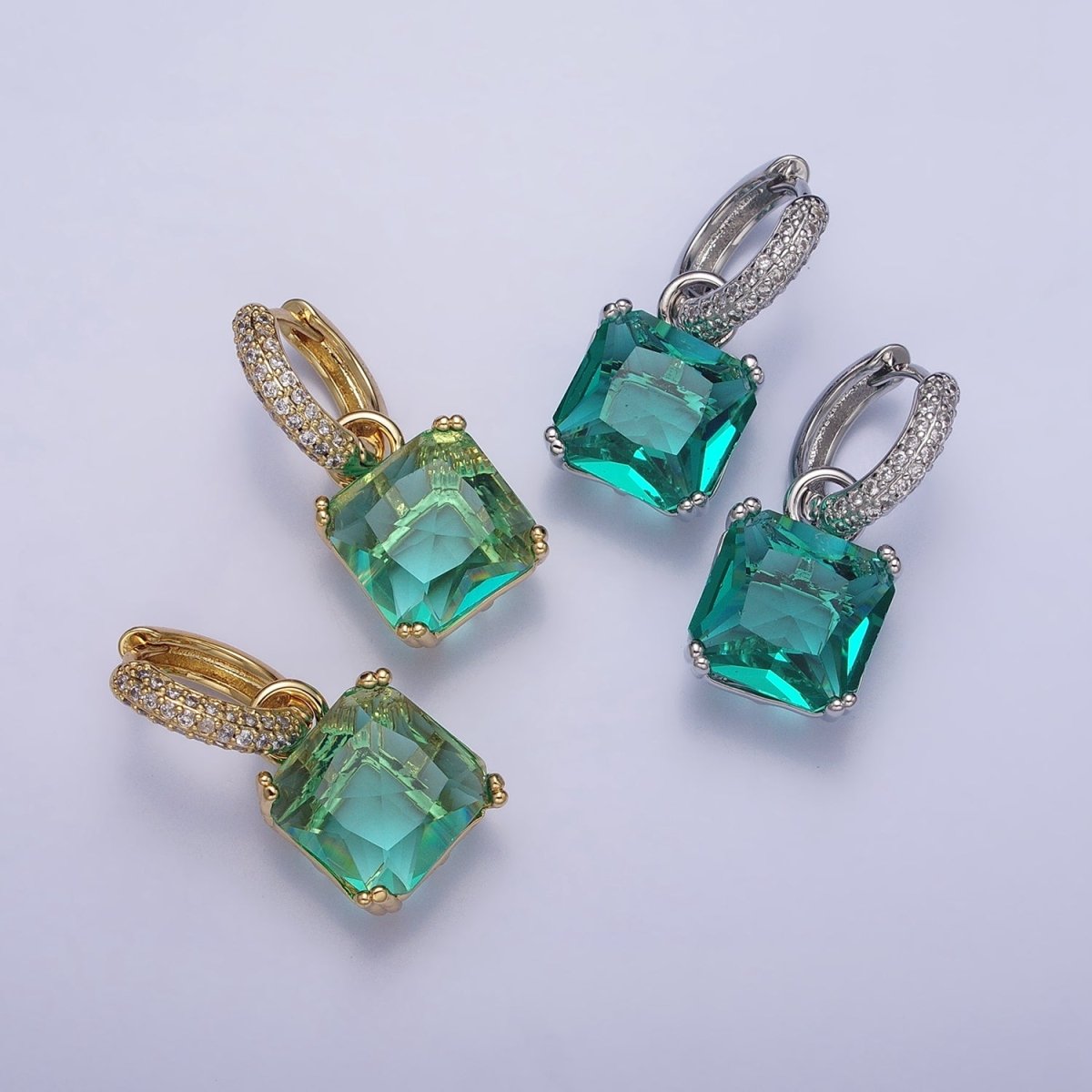 16K Gold Filled Green Aqua Square CZ Drop Micro Paved Huggie Earrings | AD1357  AD1358