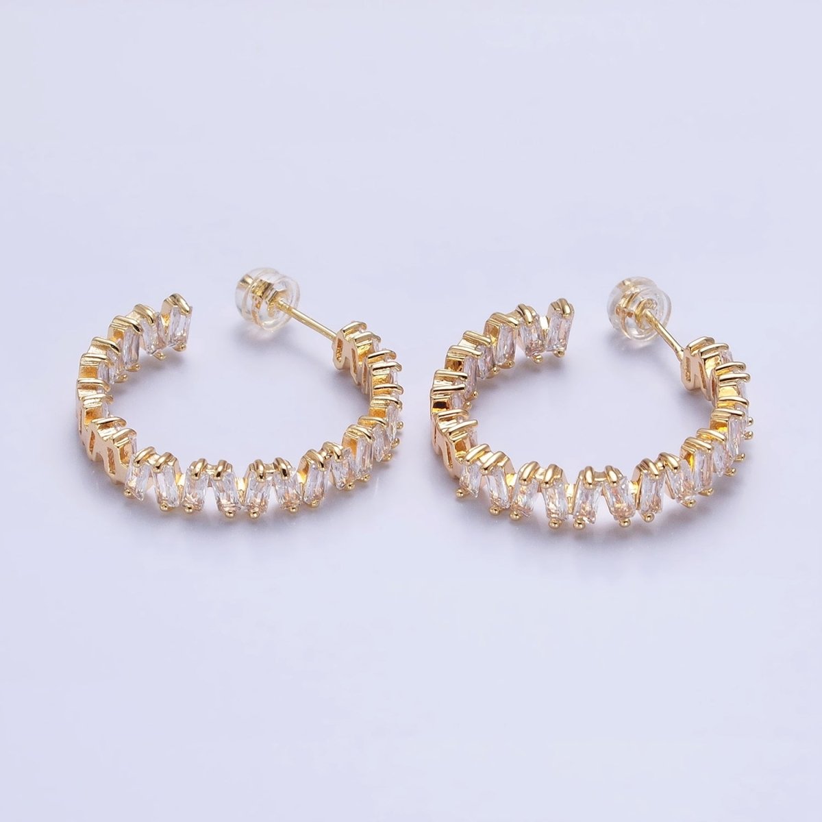 16K Gold Filled Green, Clear, Pink Baguette Zig-Zag Front Sided 30mm Circular Hoop Earrings  in Silver & Gold | AB855 - AB859