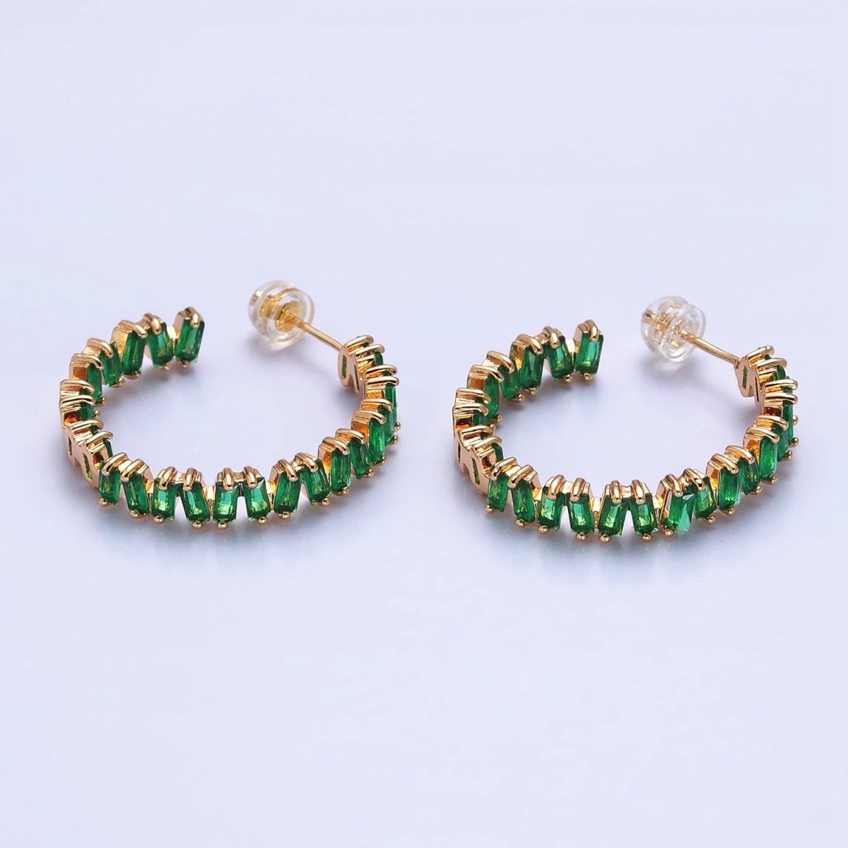 16K Gold Filled Green, Clear, Pink Baguette Zig-Zag Front Sided 30mm Circular Hoop Earrings  in Silver & Gold | AB855 - AB859