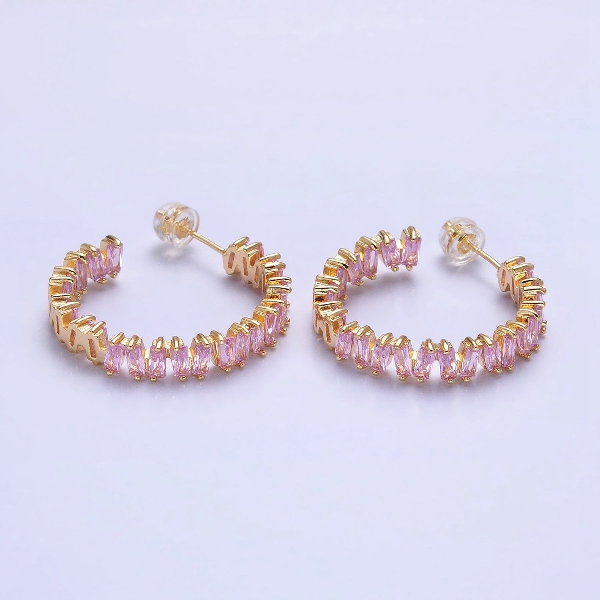 16K Gold Filled Green, Clear, Pink Baguette Zig-Zag Front Sided 30mm Circular Hoop Earrings  in Silver & Gold | AB855 - AB859