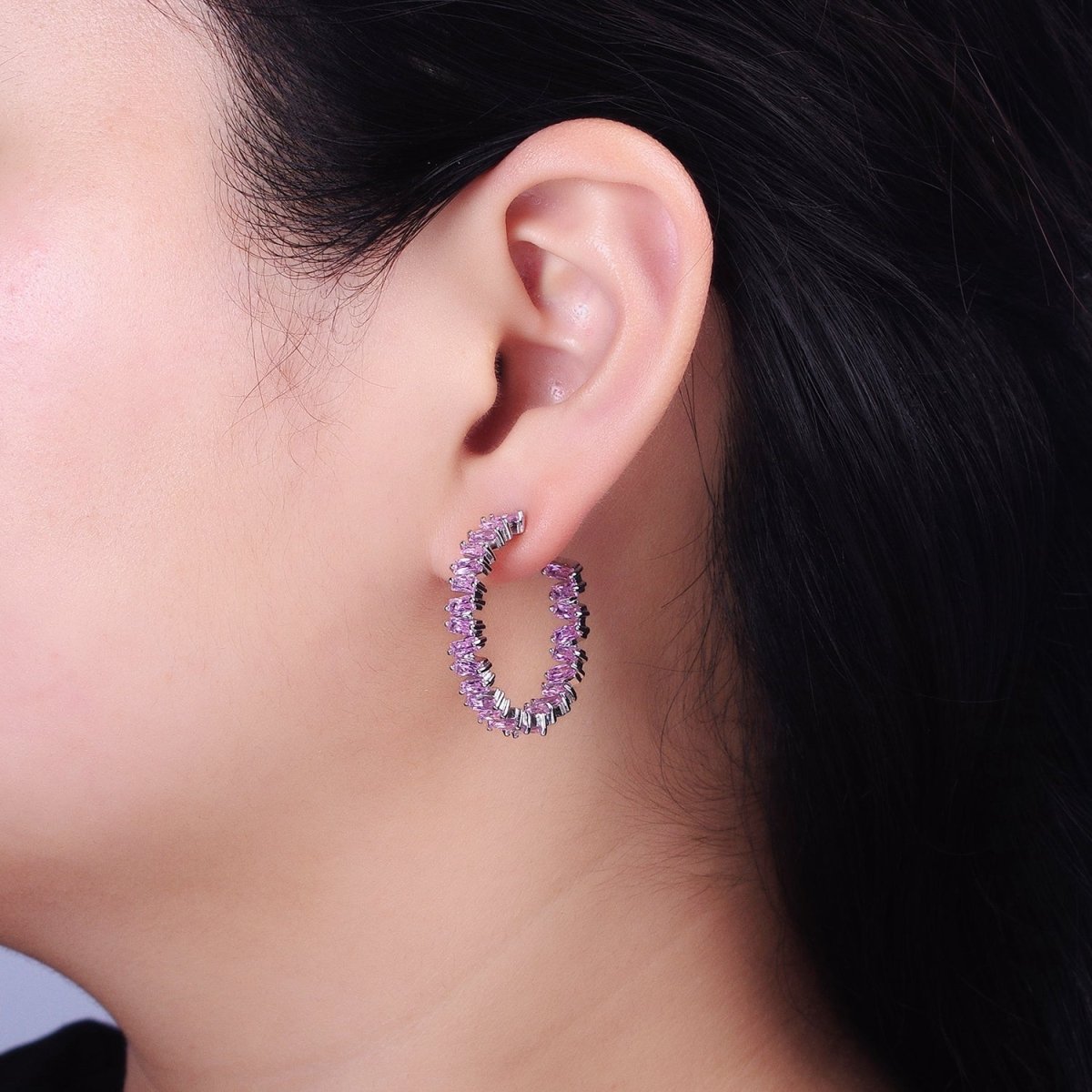 16K Gold Filled Green, Clear, Pink Baguette Zig-Zag Front Sided 30mm Circular Hoop Earrings  in Silver & Gold | AB855 - AB859