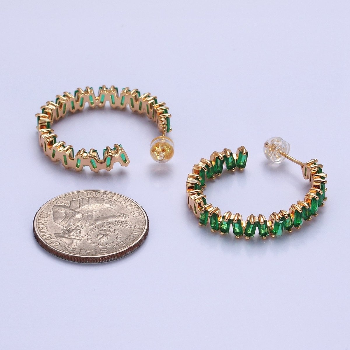 16K Gold Filled Green, Clear, Pink Baguette Zig-Zag Front Sided 30mm Circular Hoop Earrings  in Silver & Gold | AB855 - AB859